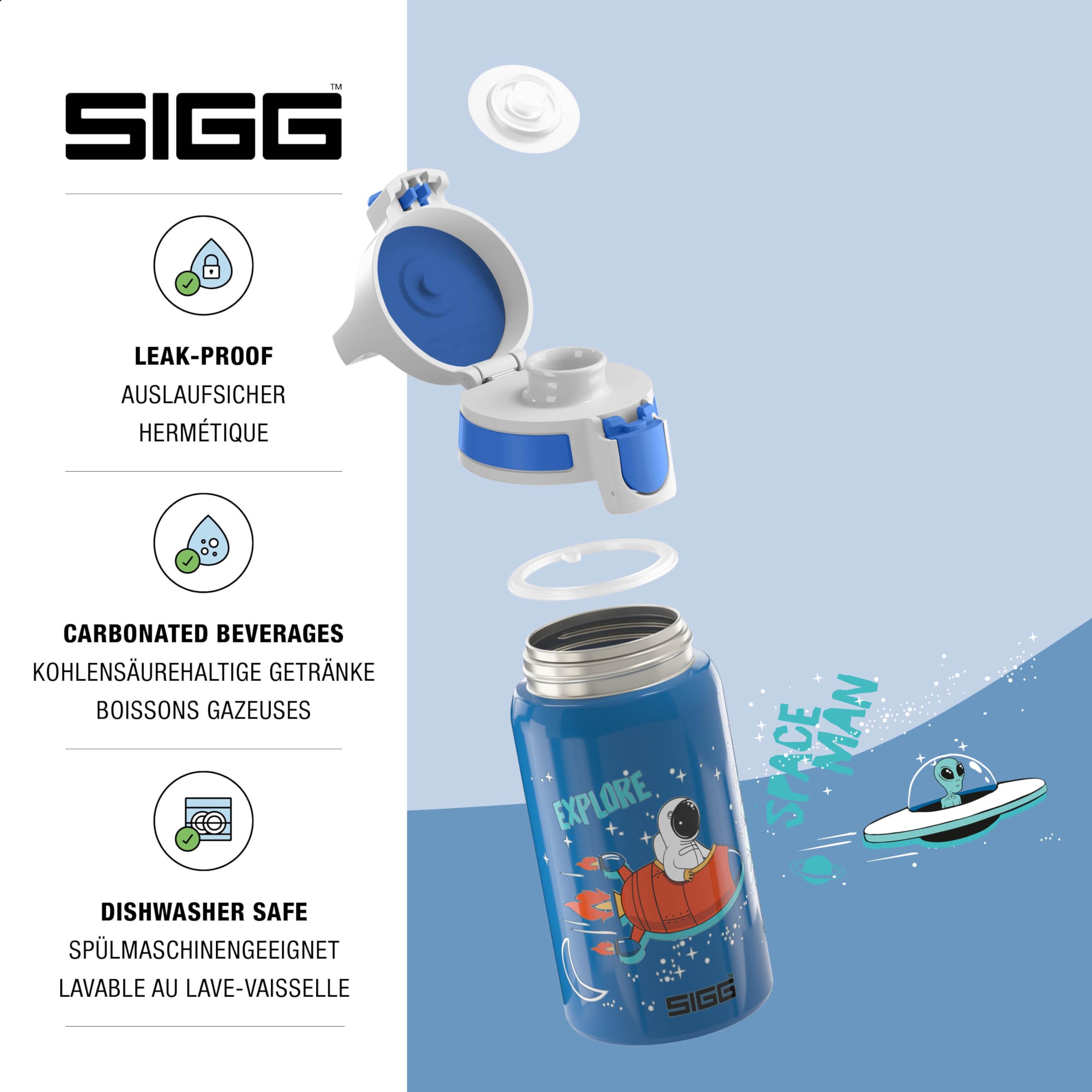 Sigg - Kids Water Bottle - Shield One Space - Leakproof - Lightweight - Bpa Free - Stainless Steel - Blue With Astronaut - 17 Oz