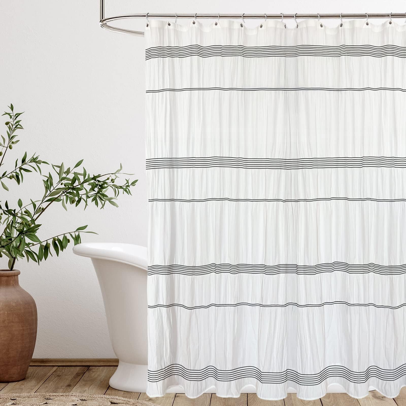 Seasonwood Black And White Shower Curtain Farmhouse Shower Curtain Cotton Blend Fabric Woven Striped Shower Curtains,72 X 72