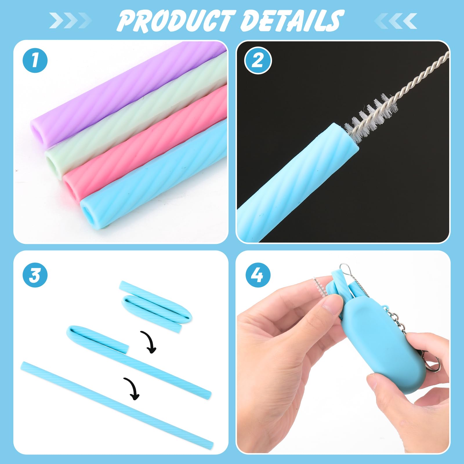 Cobee 4 Sets Reusable Silicone Straws Kit, Foldable Drinking Straws, Portable Straws Colorful Storage Box With Keychain For Trav