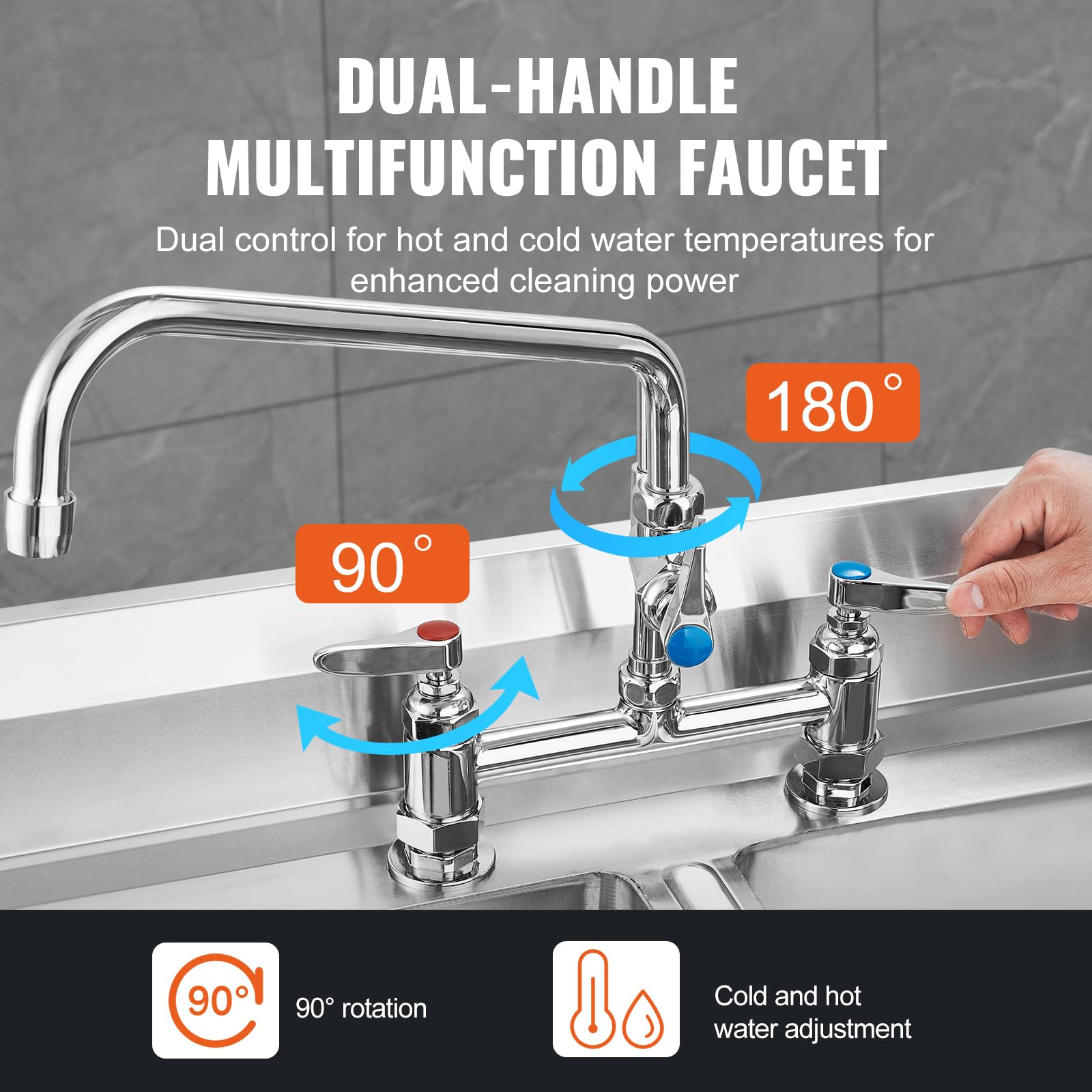 Vevor Commercial Faucet With Pre-Rinse Sprayer, 44'' Height, 8'' Center, 12'' Swing Spout, Deck Mount Kitchen Sink Faucet, Brass