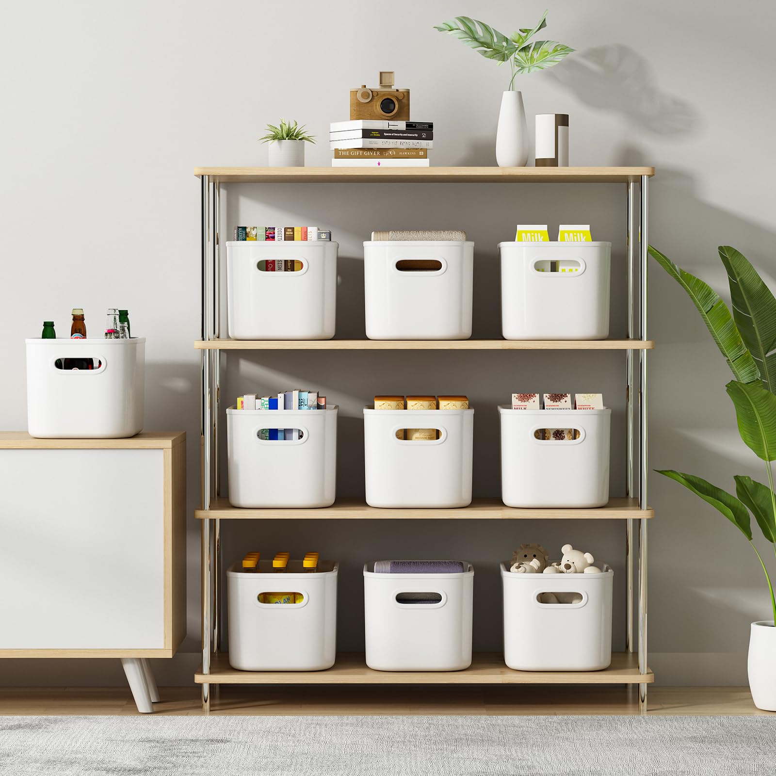 Orgidol 6 Pack White Storage Bins With Lids Stackable Storage Container For Organizing, Storage Boxes With Handle For Shelves, C