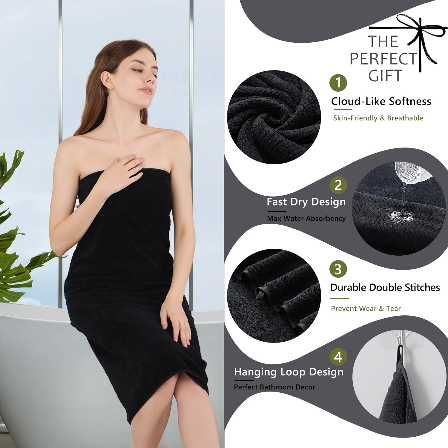 4 Piece Bath Towel Oversized Bath Sheet 35''X70'' Black Bathroom Towel Extra Large Bath Towel Set Highly Absorbent Quick Dry Pre