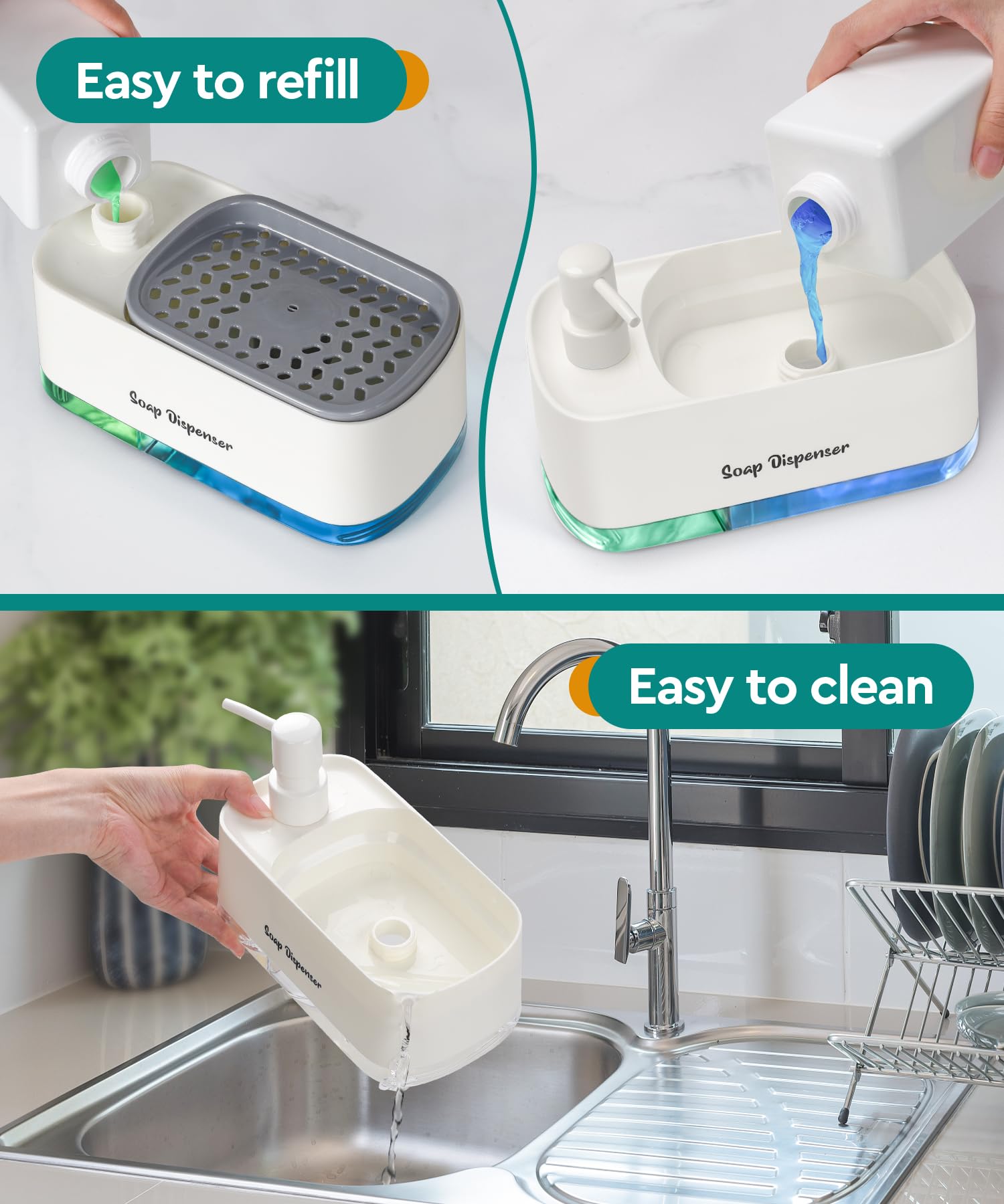 Kitchen Dish Soap Dispenser Set,Dish And Hand Soap Dispenser With Sponge Holder, 3-In-1 Countertop Sponge Dual Soap Pump Dispens