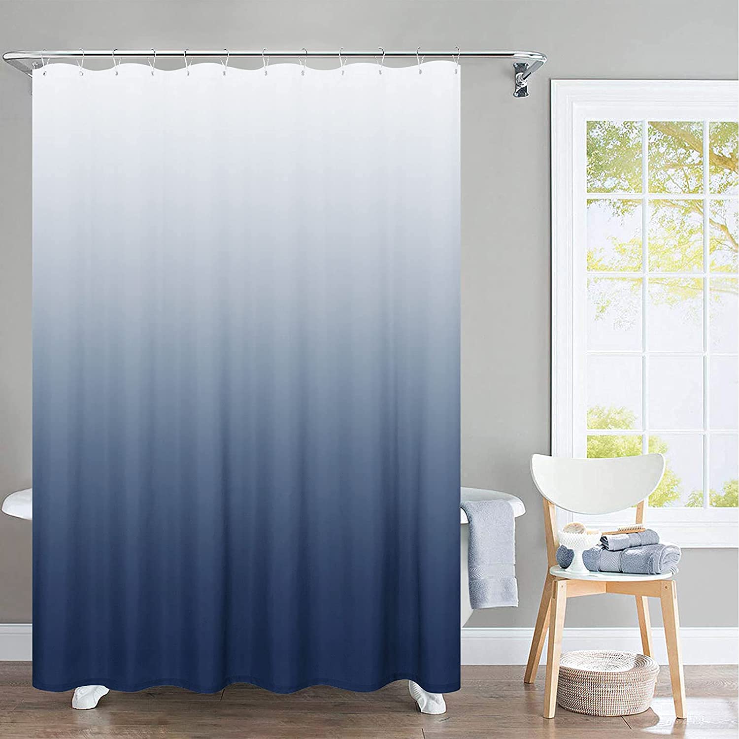 Jicnhan Navy Blue Ombre Shower Curtain, Waterproof Fabric Shower Curtains For Bathroom, Modern Gradient Color Shower Curtain Set