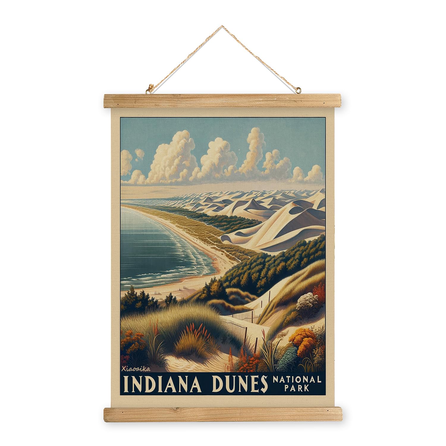 Xiaoaika Vintage Indiana Dunes National Park Travel Poster With Wooden Scroll Frame - Living Room, Bedroom, Home, Office Retro A