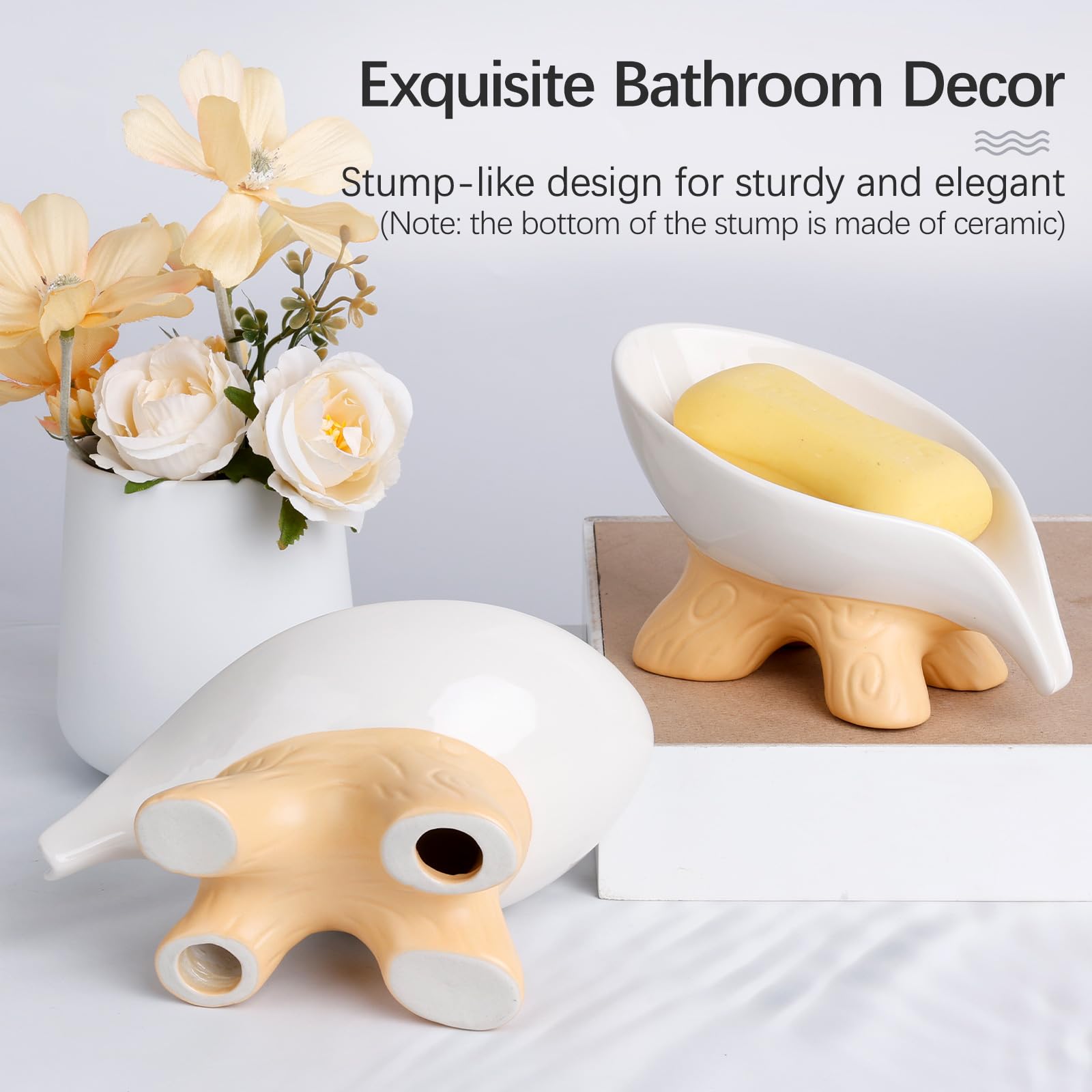Soap Dish, Soap Holder Self Draining Leaf Shape Soap Dishes, Ceramic Draining Soap Dish For Bathroom Shower, White Farmhouse Soa