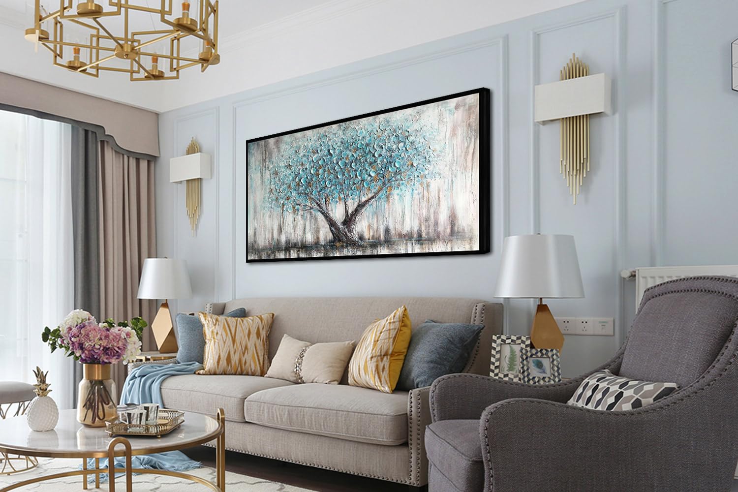 Arjun Blue Tree Wall Art Nature Tree Of Life Abstract Canvas Painting Textured Picture Panoramic Landscape Artwork For Living Ro