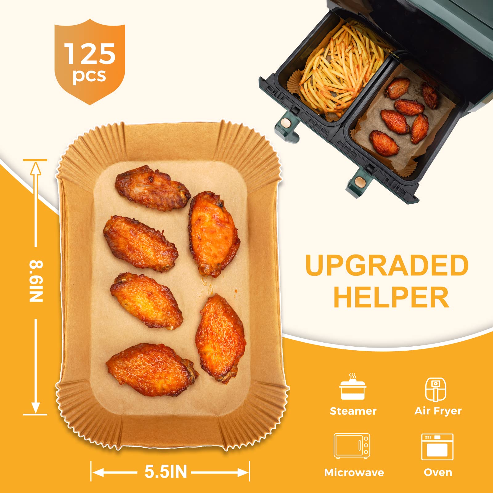Vailnd Air Fryer Paper Liners Disposable: 125Pcs 8X5.5 Rectangle Parchment Paper, Sheets, Non-Stick Food Grade Liners For Rect