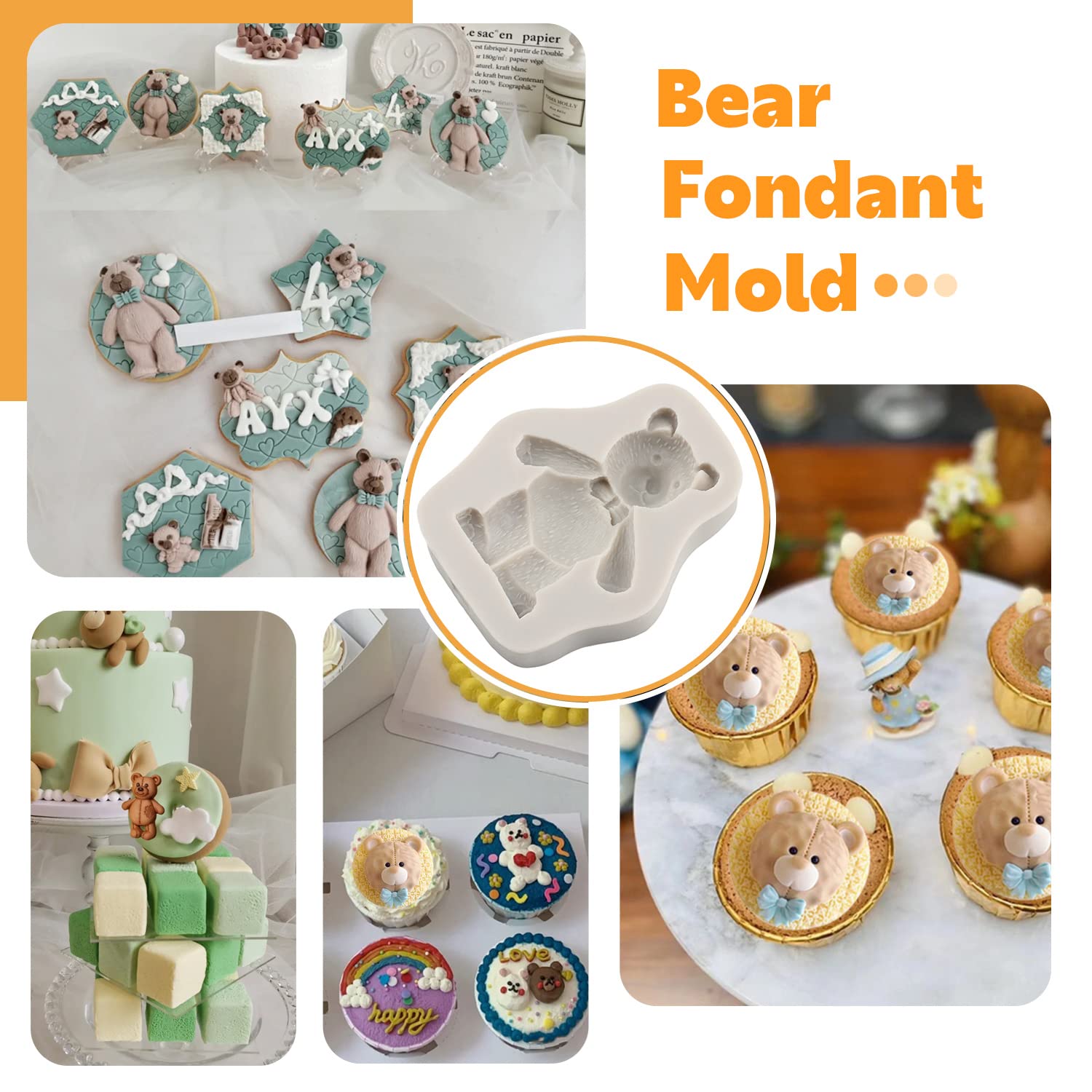 Sijiangmold Bear Silicone Fondant Molds For Cake Decorating Candy Chocolate Gum Paste Crafting Polymer Clay Set Of 5