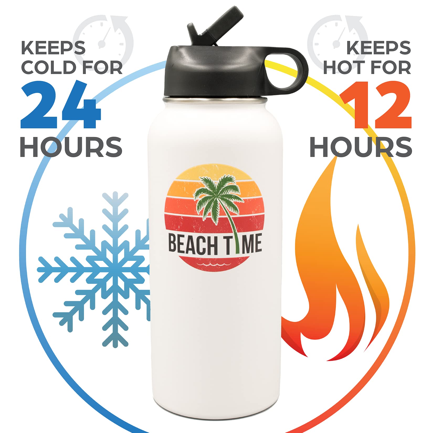 Lifecraft Beach Time 18/8 Stainless Steel Vacuum Insulated Sweat Proof Water Bottle Large 32 Oz Wide Mouth With Straw Flip Lid,