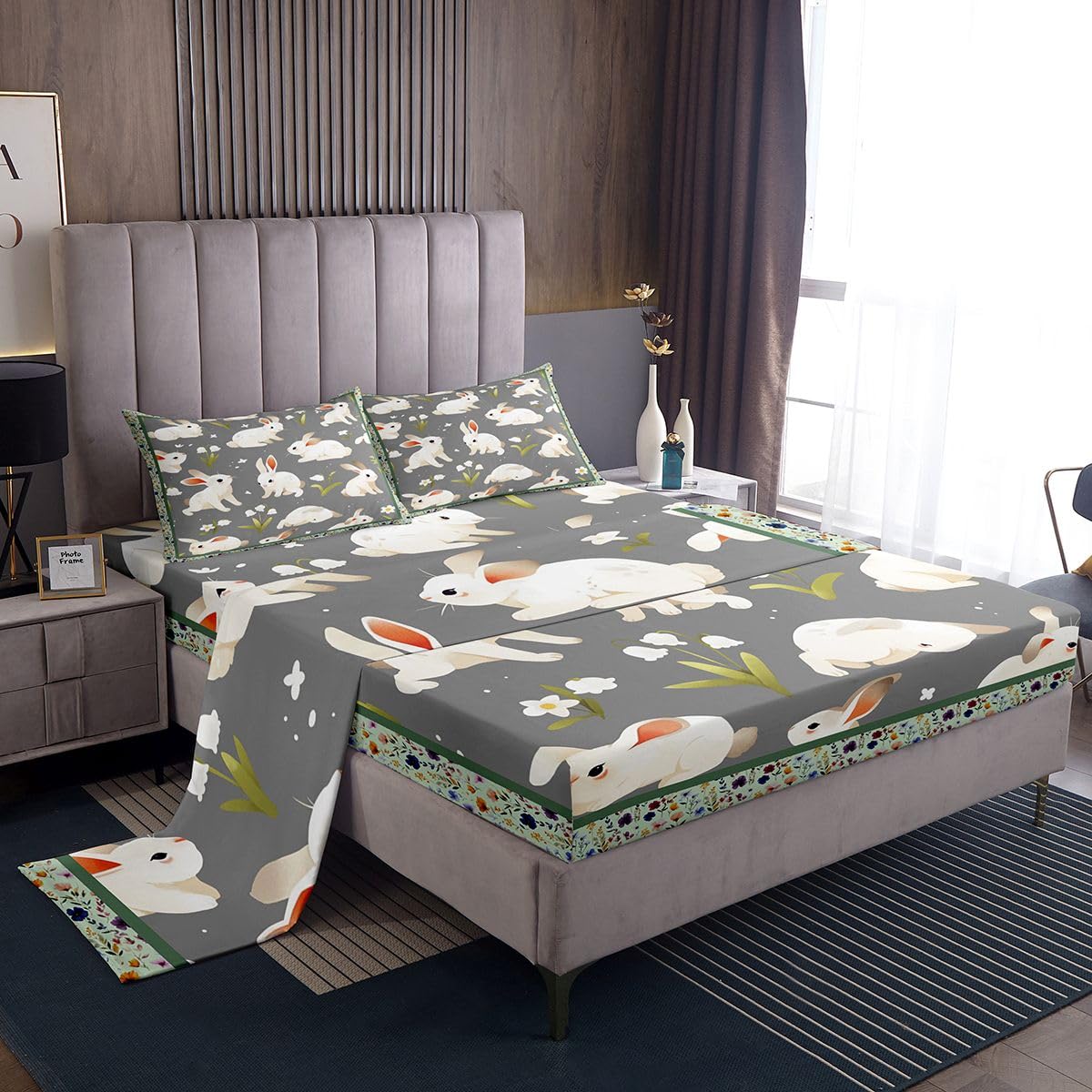 Feelyou Kids Rabbit Bedding Set King Size,Bunny Sheets Set Girls Women,Flowers Spring Green Grey Bed Sheet Set Lovely Girly Bedr