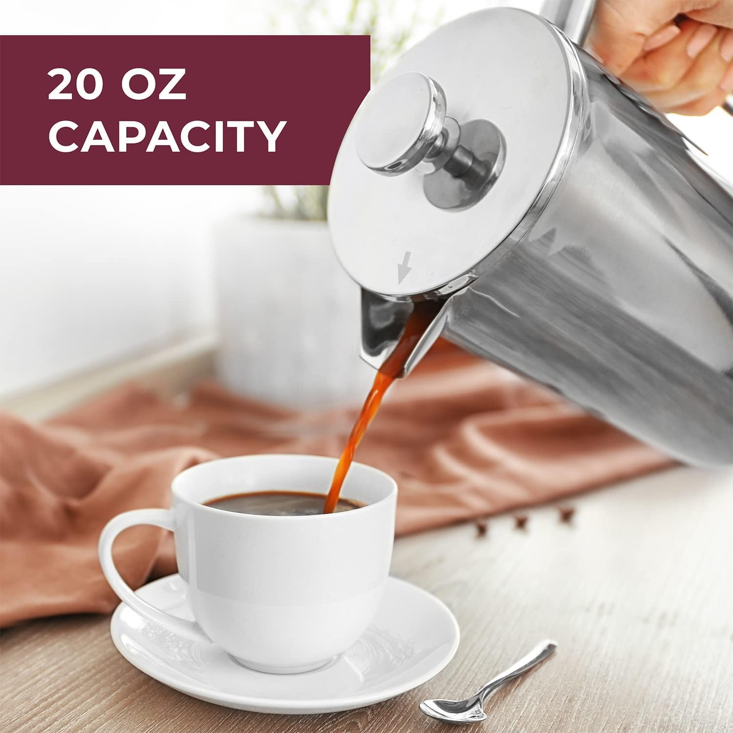 Muellerliving French Press Coffee Maker, 20 Oz, Stainless Steel, 4 Filters, Double Insulated, Rust-Free, Dishwasher Safe