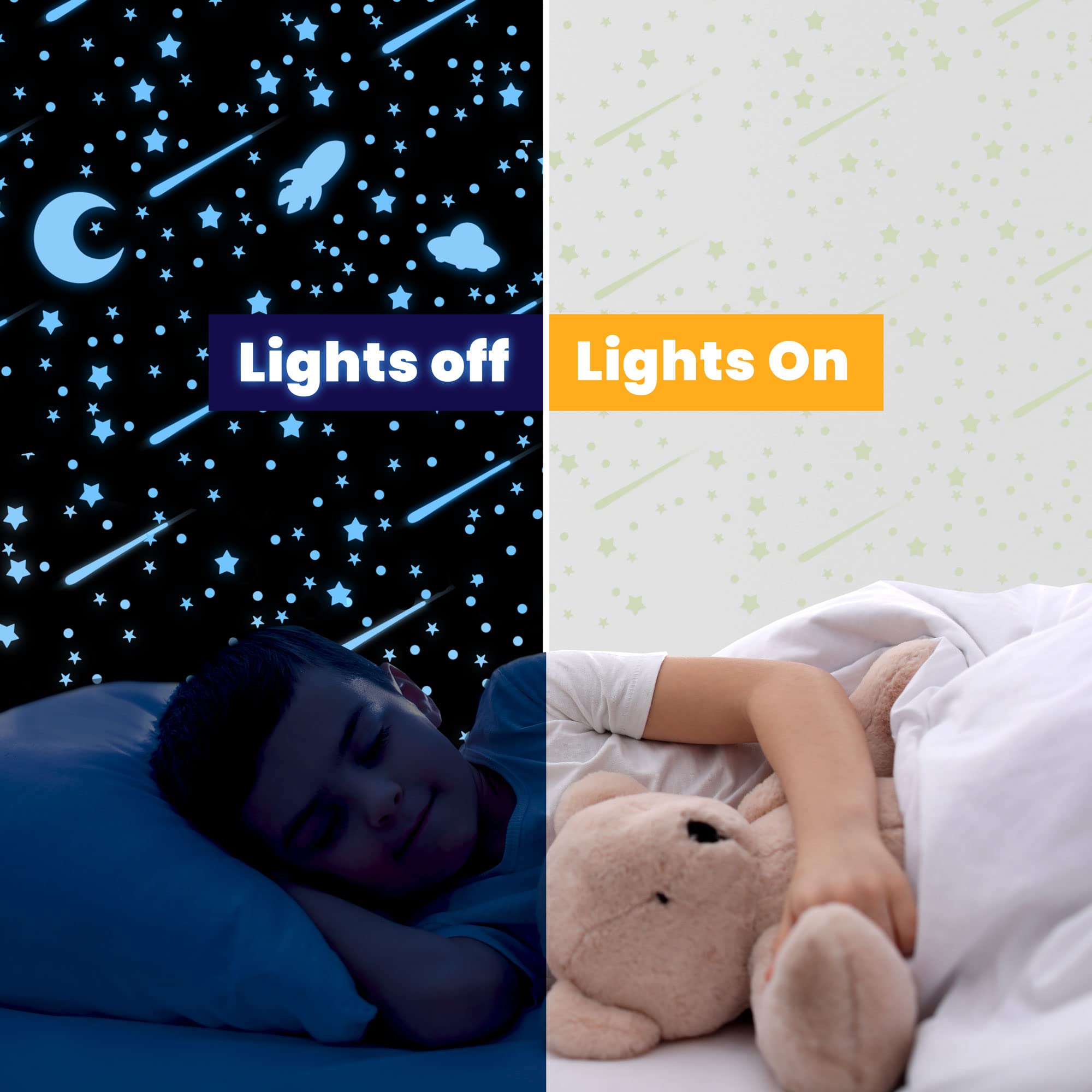 Glow in The Dark Stars for Ceiling  Outer Space Blue Wall Stickers Galaxy Universe Wall Decal Shooting Stars Rockets 508 Pcs for Kids Boys Girls Bedroom Nursery Playroom Room Decoration