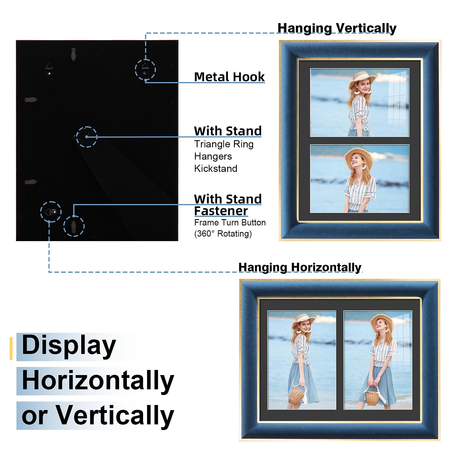 KSROECUD 8.5x11 Velvet Picture Frame with 2 Openings 5x7 Pictures, HD Real Glass Navy Blue Velvet Photo Frame with Black White B