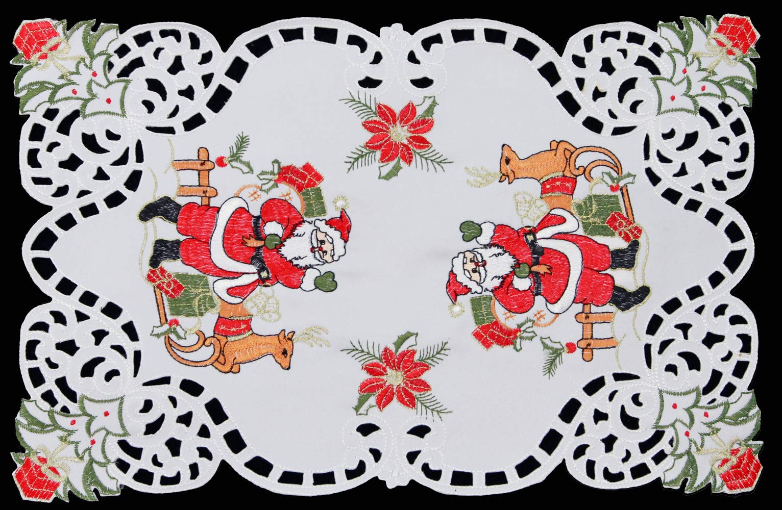 Creative Linens 4Pcs Holiday Christmas Embroidered Santa Reindeer Poinsettia Placemats 11X17 White, Set Of 4 Pieces