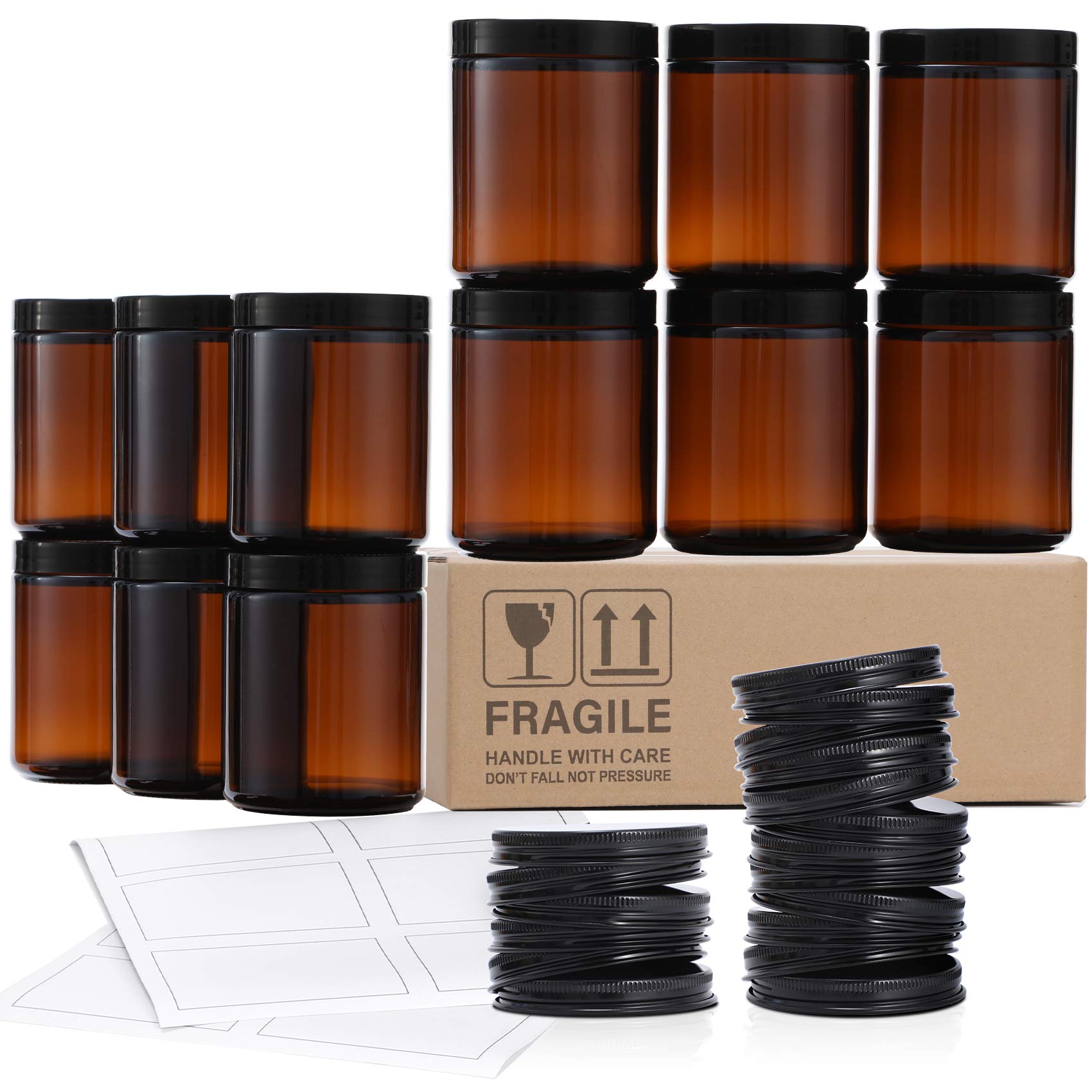 12 Pack, 8 OZ Dark Amber Candle Jars for Making Candle - Thick Glass Jars with 12 Metal & 12 Plastic Lids - Empty Round Food Sto