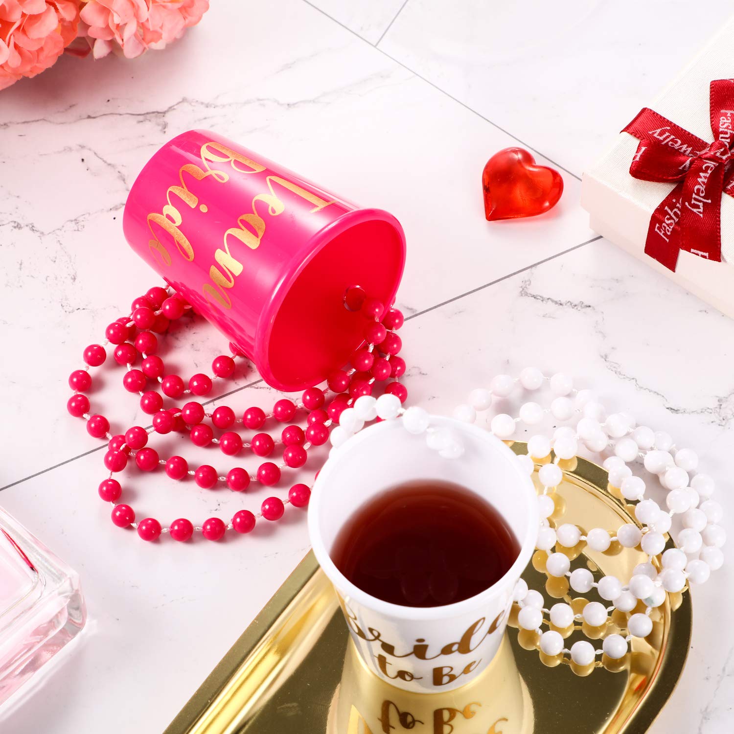 Maitys 12 Pieces Bride Plastic Beaded Bridal Shot Glass Necklace Gold Foil For Bachelorette Party Bridal Party Necklaces (White,