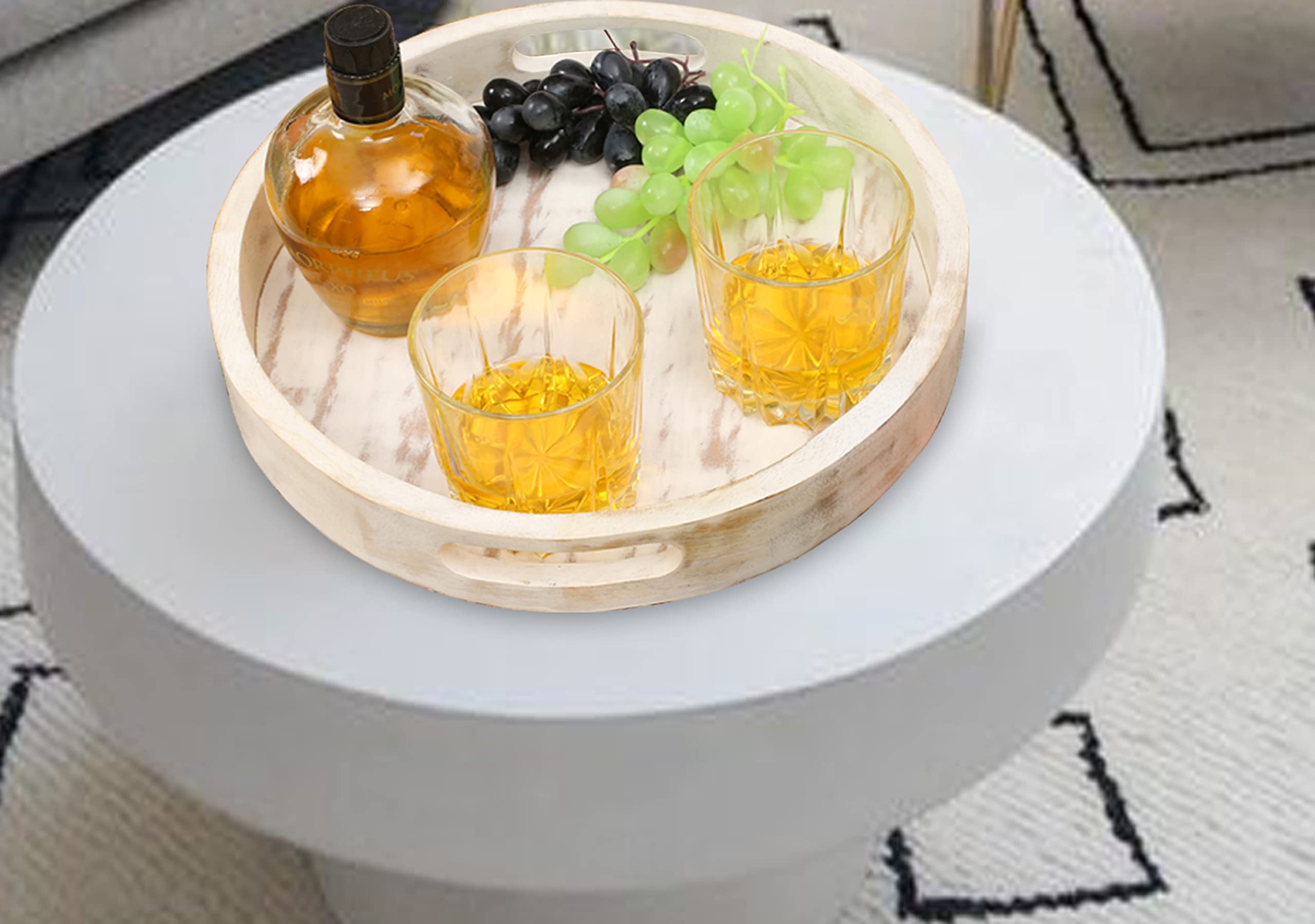 Winlay Decorative Coffee Table Tray, Set Of 2 White, Wooden Round Serving Tray For Living Room, Wood Ottoman Or Side Table, Char