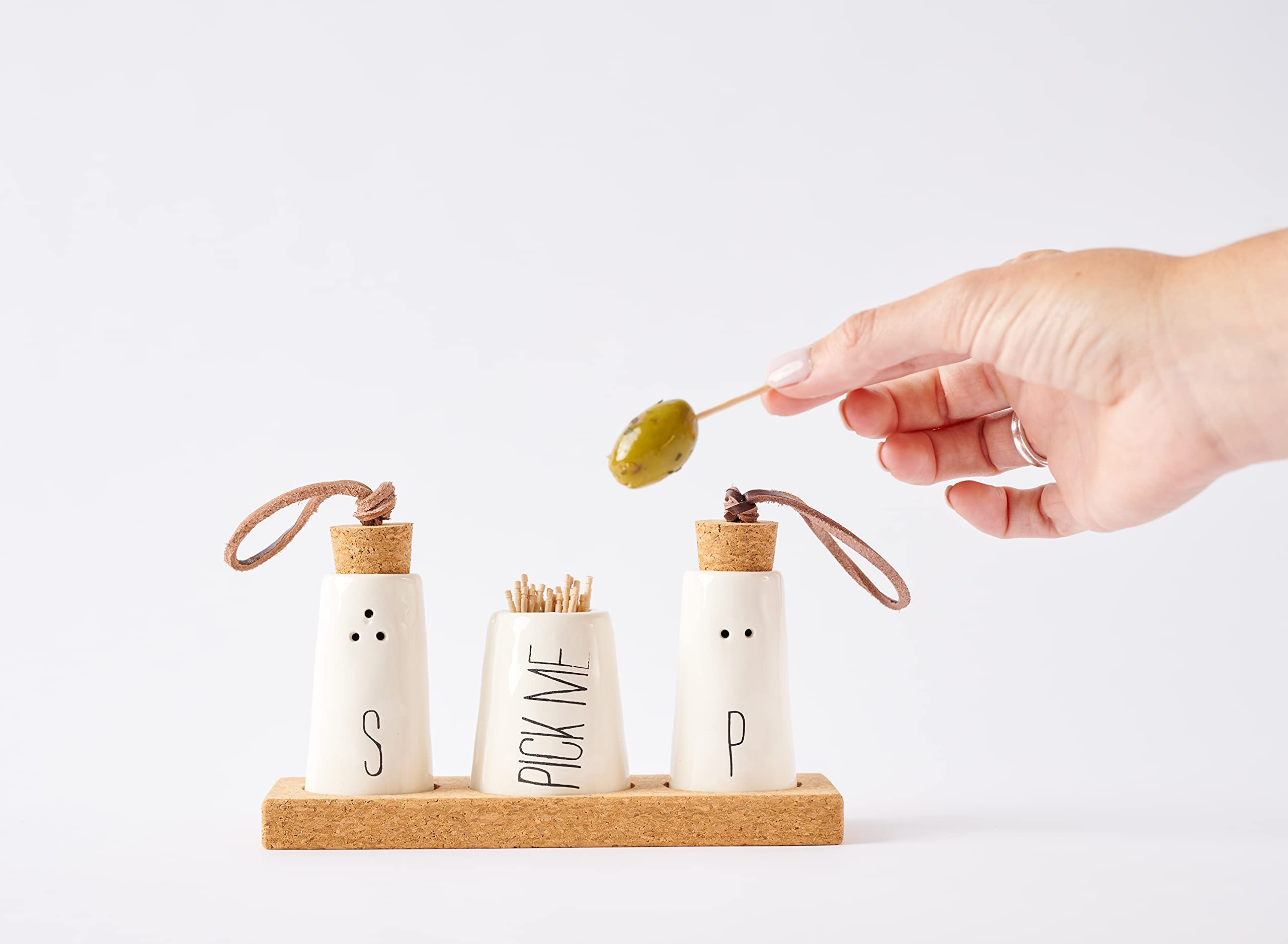 Mud Pie, Off-White Salt, Pepper & Toothpick Holder, Size: Tray 2'' X 6'' | Shakers 2 3/4'' X 1 1/2'' Dia