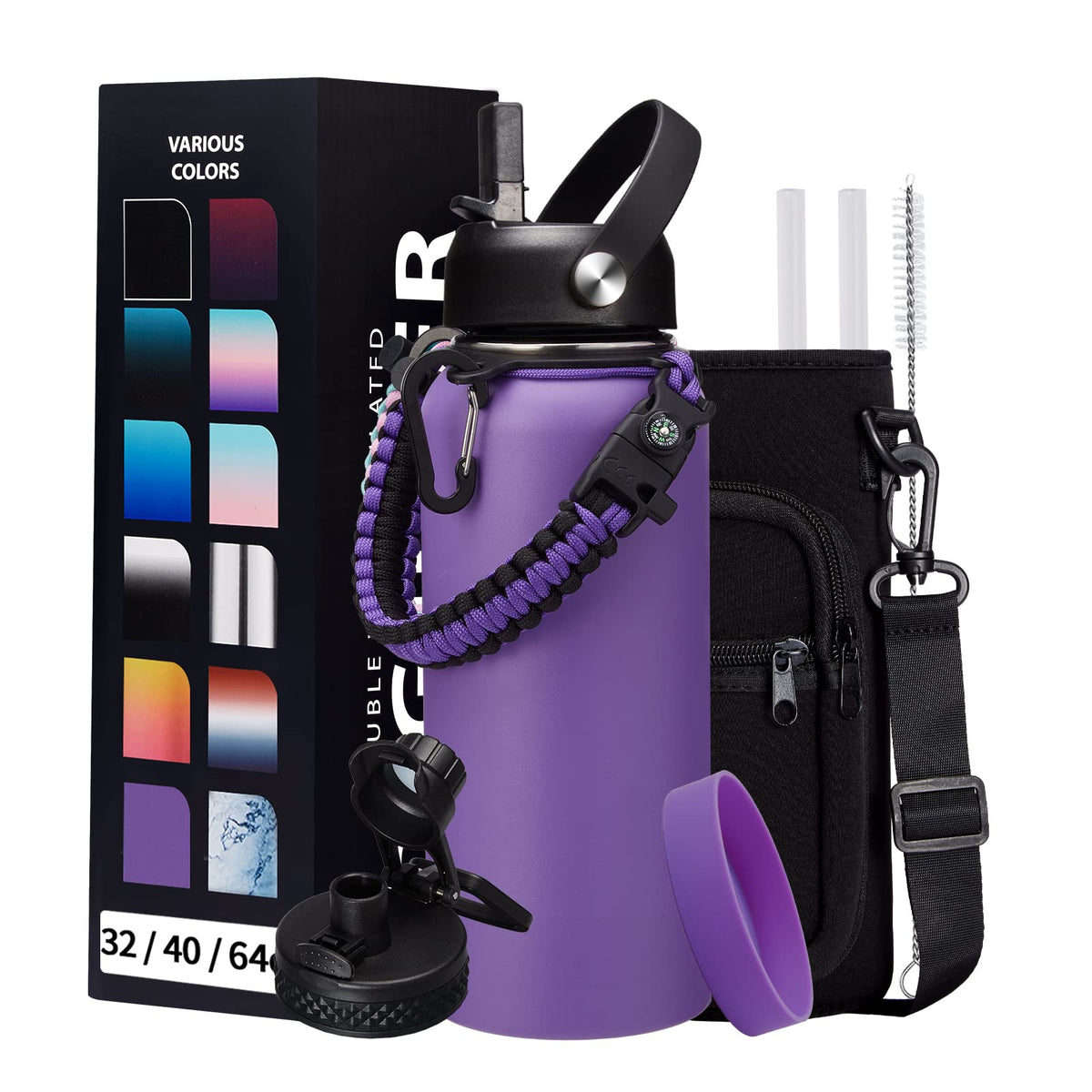 32 Oz Water Bottles With Straw & Spout Lid, Paracord Handle & Strap, Double Wall Insulated Flask Water Bottle, Reusable Wide Mou