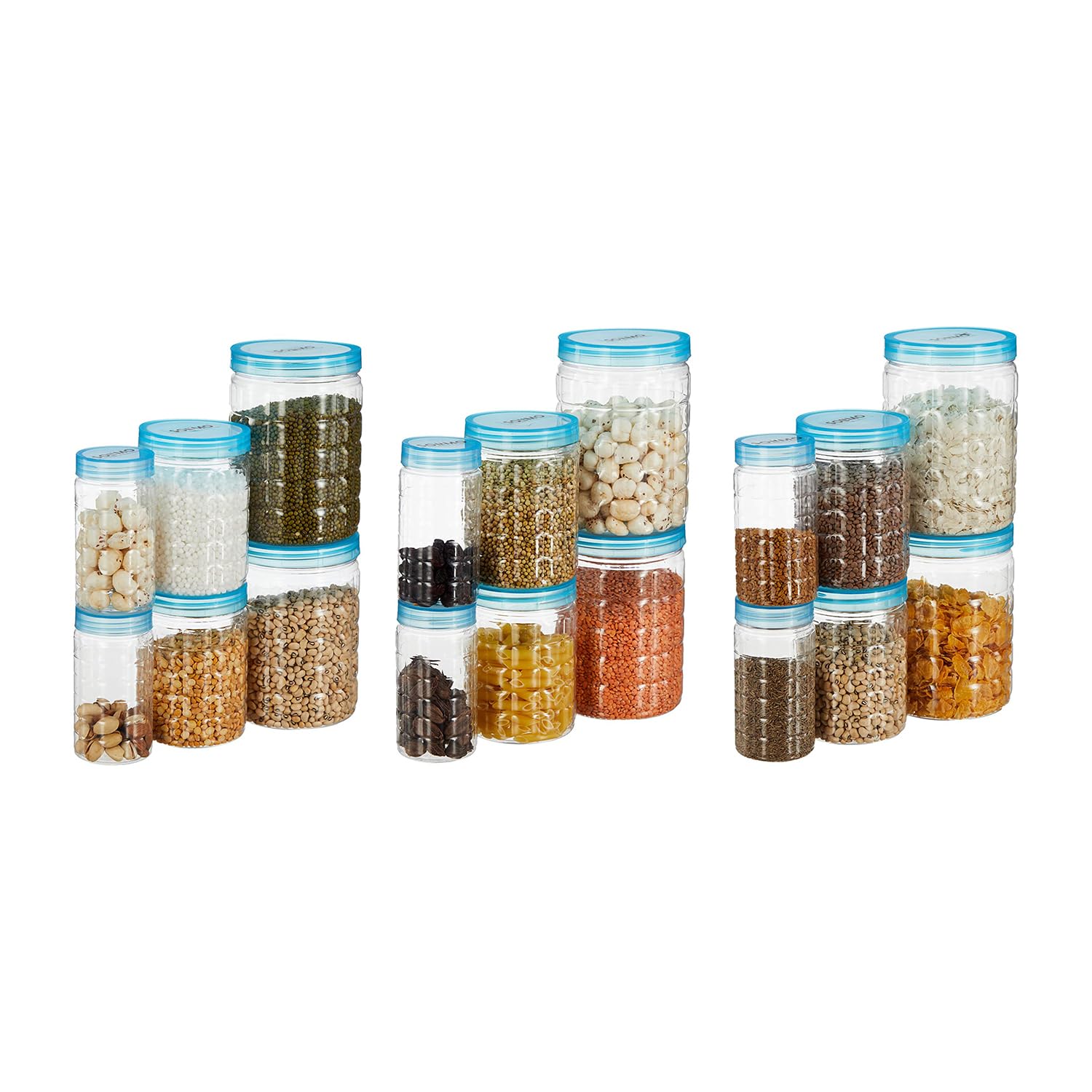 Amazon Brand - Solimo Checkered Jar Container, Set Of 18 (6 Pcs X 250 Ml Each, 6 Pcs X 500 Ml Each, 6 Pcs X 1000 Ml Each), Blue 