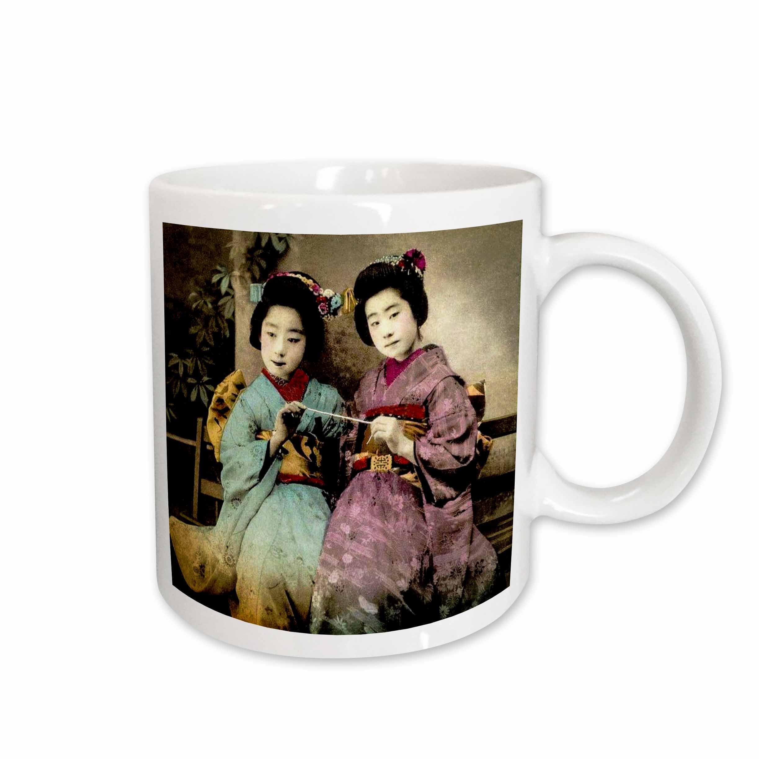 3dRose Vintage Japanese Geisha Friends Forever Holding Udon Noodle 11oz Mug