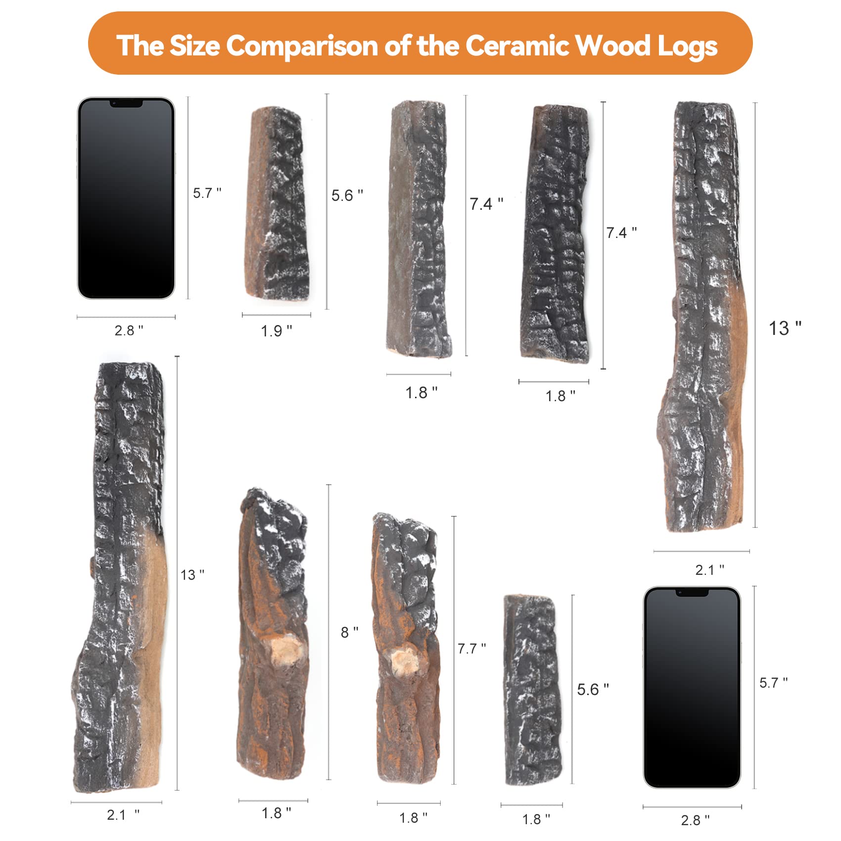 Skyflame 8 Small Piece Set of Ceramic Wood Logs and Accessories for All Types of Indoor Gas Inserts  Ventless & Vent Free  Propane  Gel  Ethanol  Electric or Outdoor Fireplaces & Fire Pits