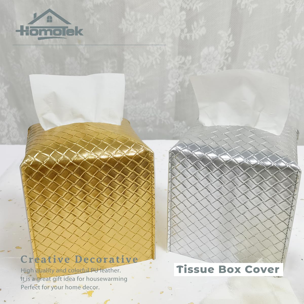 Homotek 2 Pack Tissue Box Cover, Square Pu Leather Tissue Holder, Decorative Facial Tissue Cube Paper Organizer Dispenser For Ba