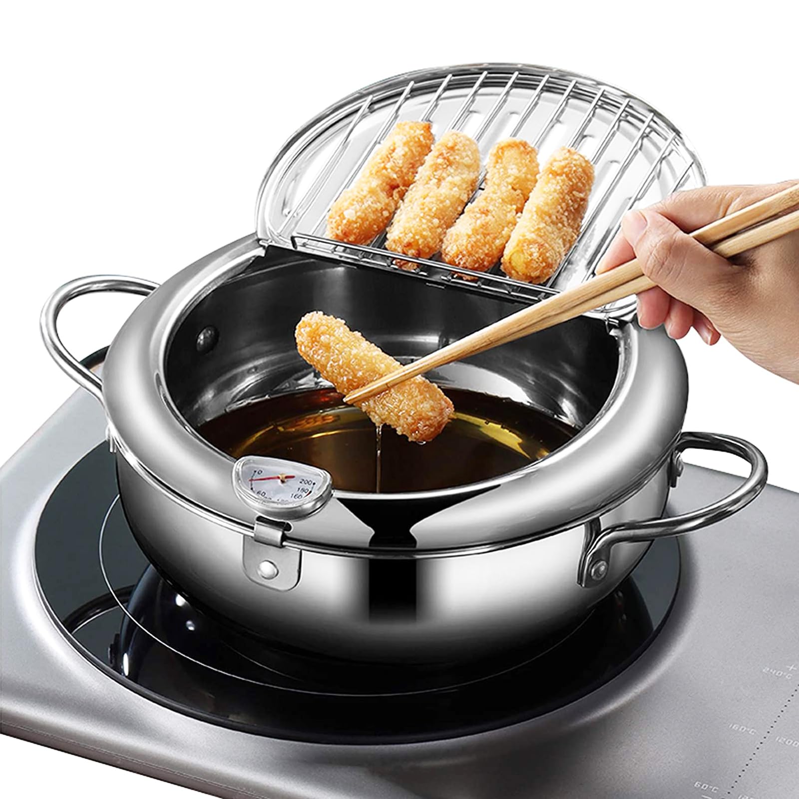 Deep Fryer Pot - Japanese Tempura Small Stainless Steel Deep Frying Pot With Thermometer,Lid And Oil Drip Drainer Rack For Frenc