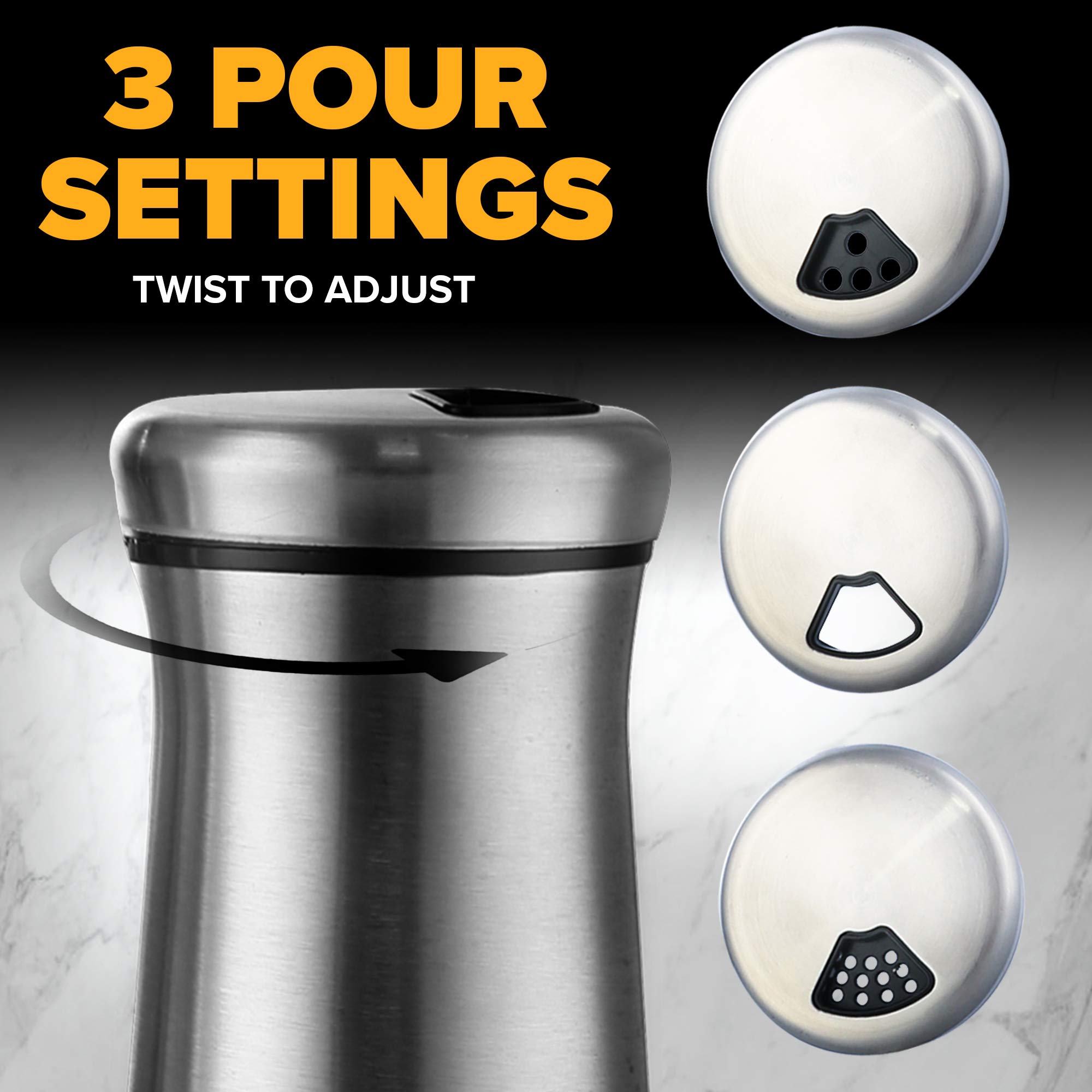 SP HOME GOODS Stainless Steel & Glass Salt and Pepper Shakers Set - 4 OZ - Adjustable Pour Holes - Silver1