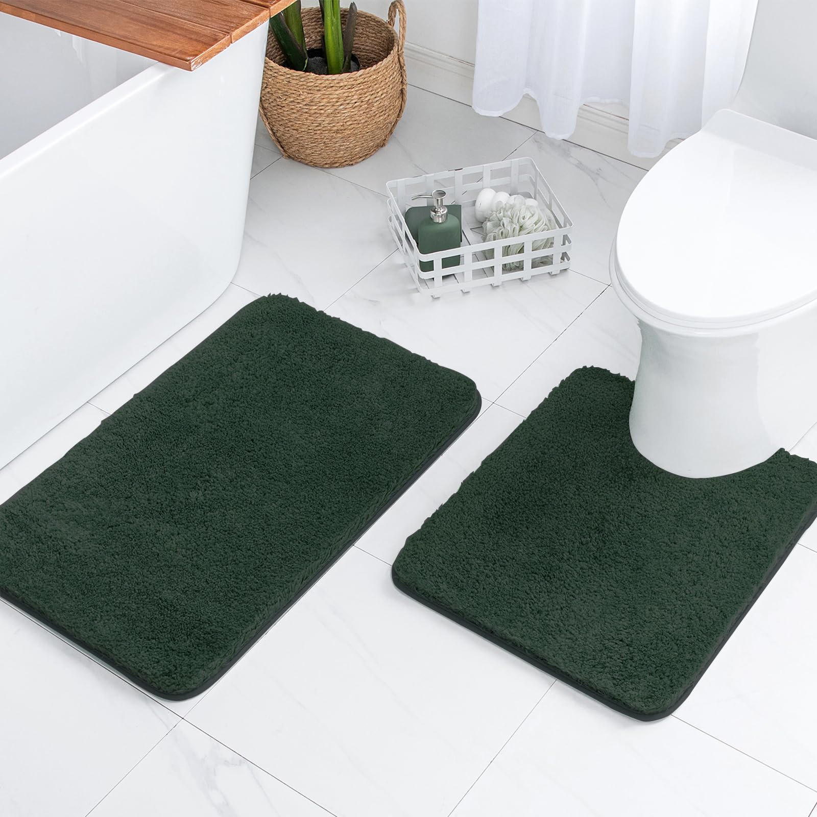 Miulee Christmas Dark Green Bathroom Mats Sets 2 Piece With Non Slip Toilet Rugs U Shaped,Water Absorbent Microfiber Bath Mat Se