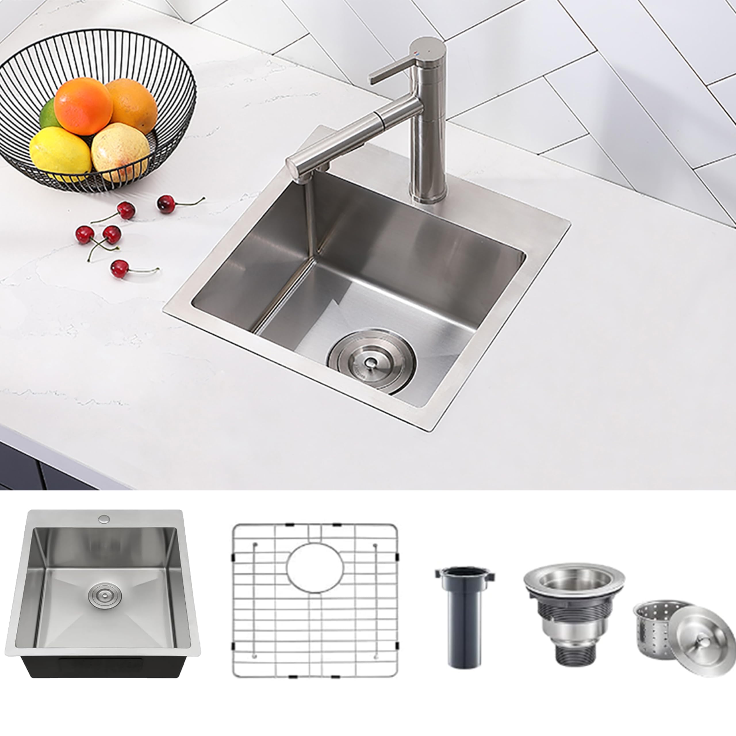 Comllen 15x15 Inch Drop In Bar Sink,18 Gauge Stainless Steel Top Moute Small Kitchen Sink,9 Inch Deep Single Bowl Brushed Nickel