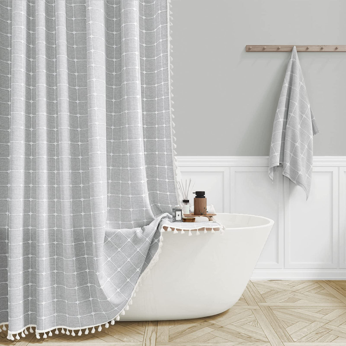 Bttn Boho Farmhouse Shower Curtain,   Linen Rustic Heavy Duty Fabric Shower Curtain Set With Tassel, Water Repellent, Bohemian V