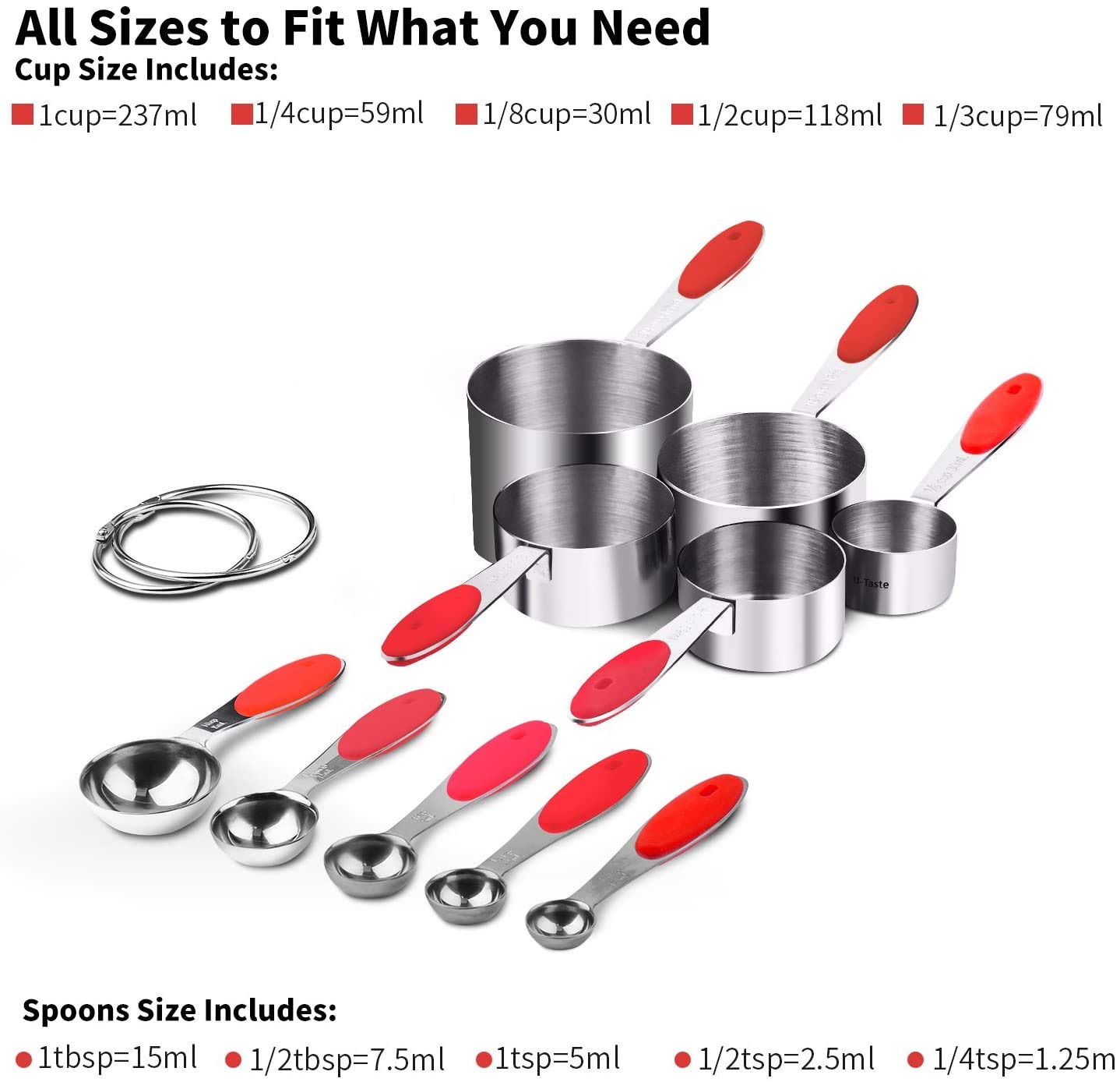 Measuring Cups : U-Taste 18/8 Stainless Steel Measuring Cups And Spoons Set Of 10 Piece, Upgraded Thickness Handle(Red)