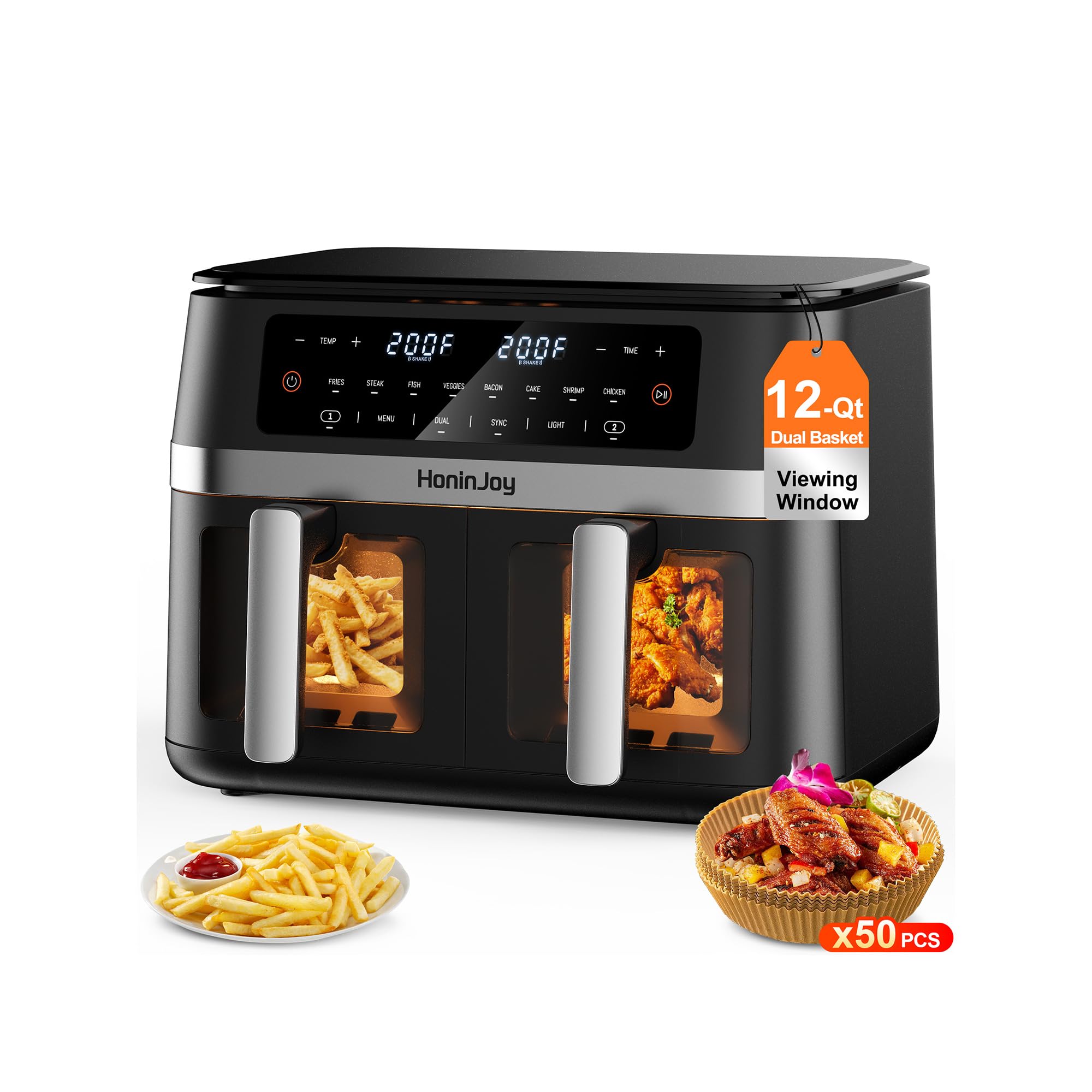 HoninJoy 12QT Large Dual Basket Air Fryer with Viewing Window and 50pcs Paper Liners, 10-in-1 Digital Touchscreen Double Zone Ai