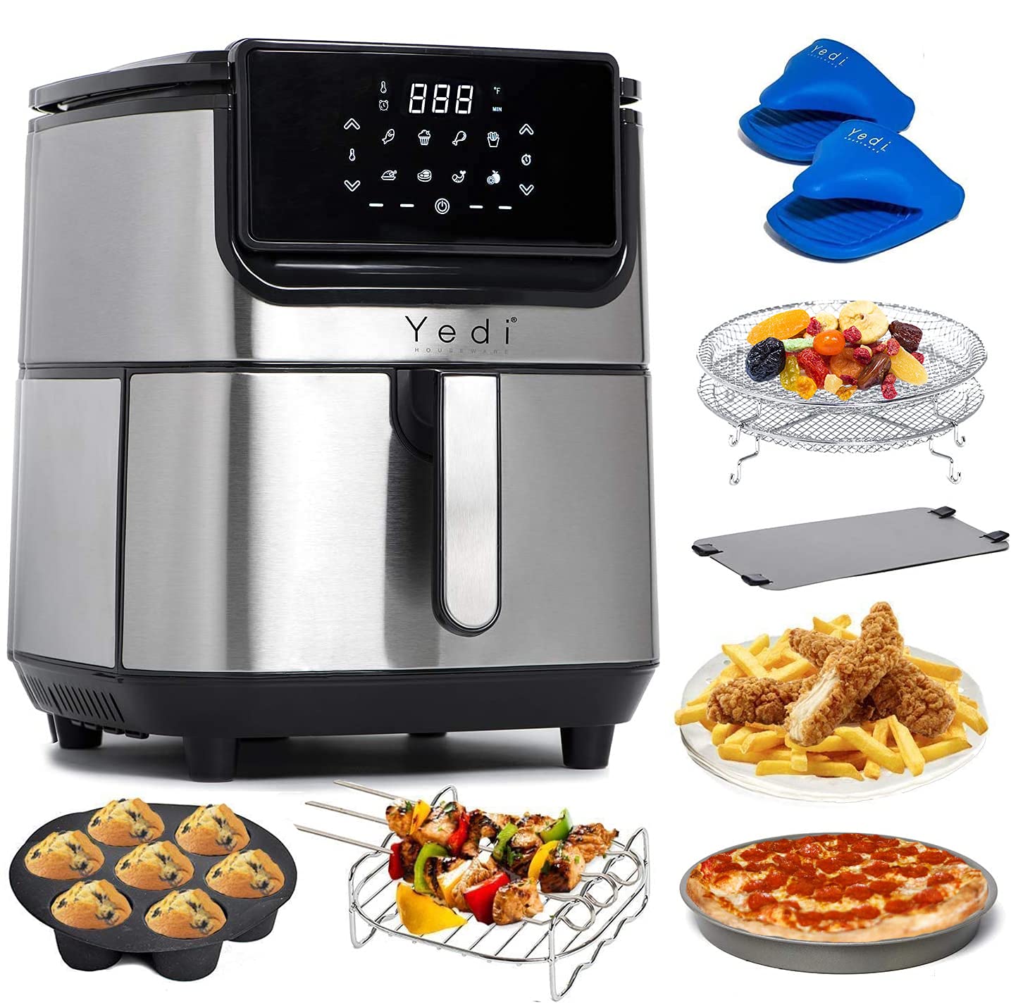 Yedi Evolution Air Fryer, 6.8 Quart, Stainless Steel, Ceramic Cooking Basket, With Deluxe Accessory Kit And Recipe Book