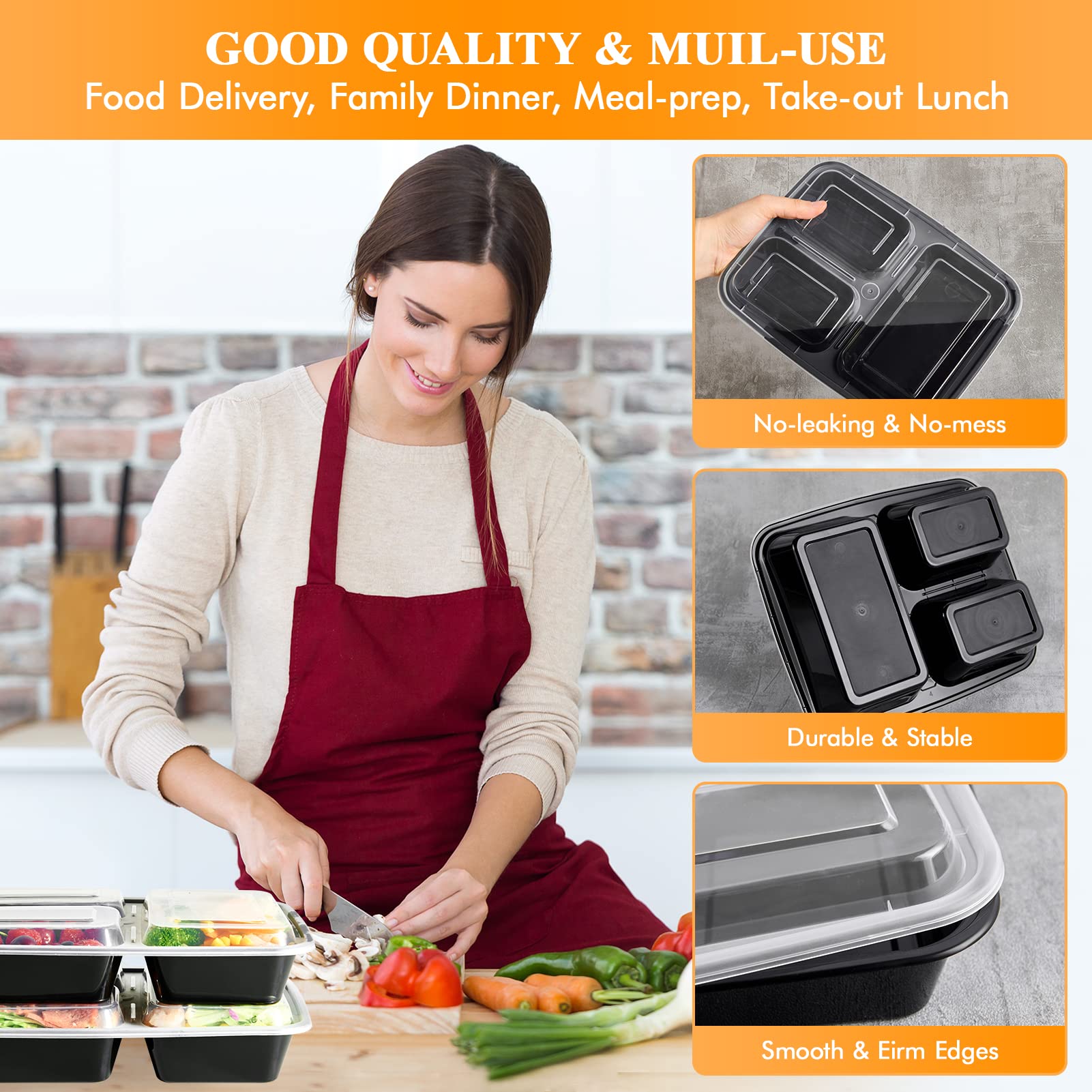 Muchii 32 Oz 3 Compartment Meal Prep Containers With Lids, [20 Pack] To Go Containers With Lids,Plastic Disposable Food Containe