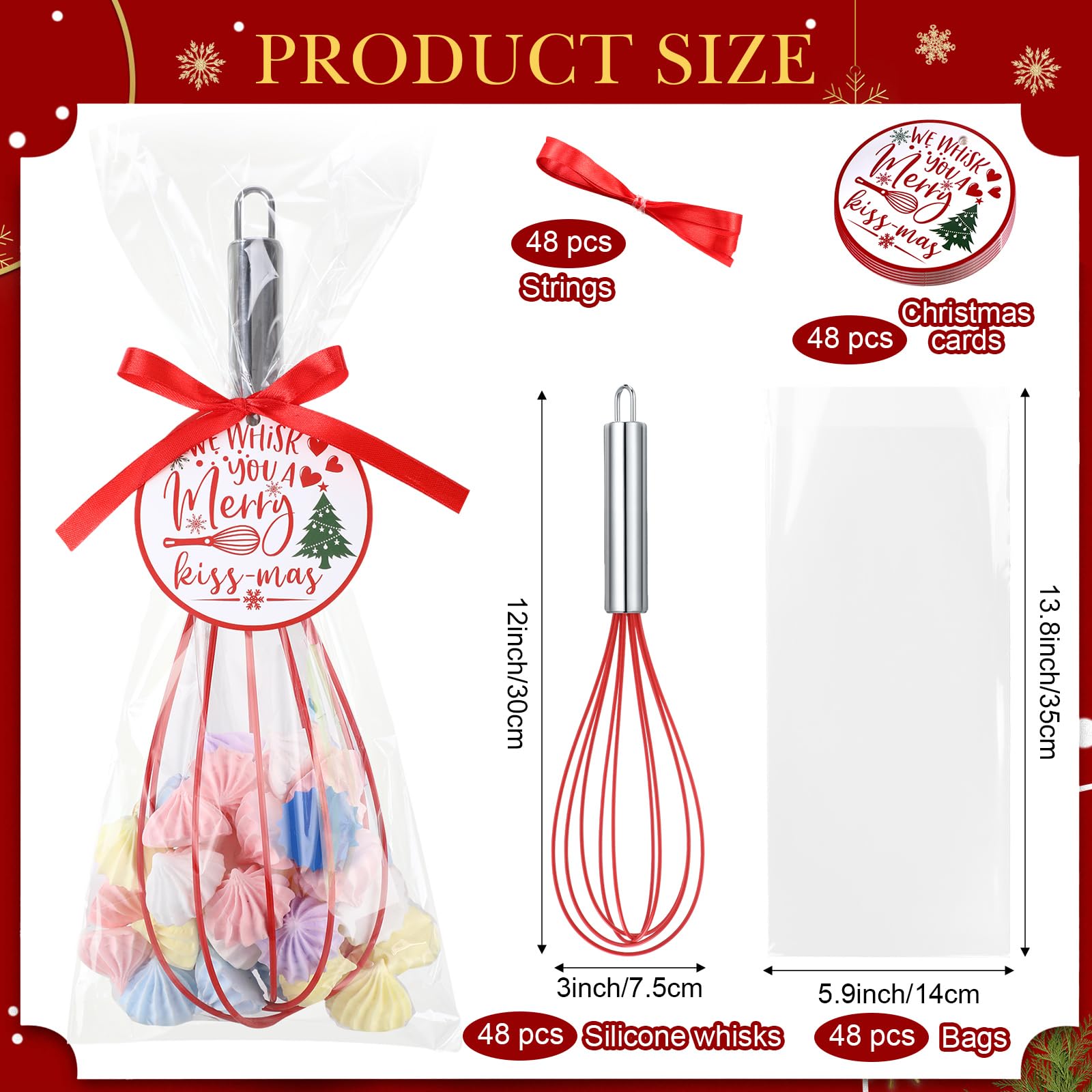 FoldTier 48 Sets 12 Inch Christmas Whisks Gifts DIY Fillable Christmas Tree Ornaments Xmas Colored Silicone Whisks for Cooking H
