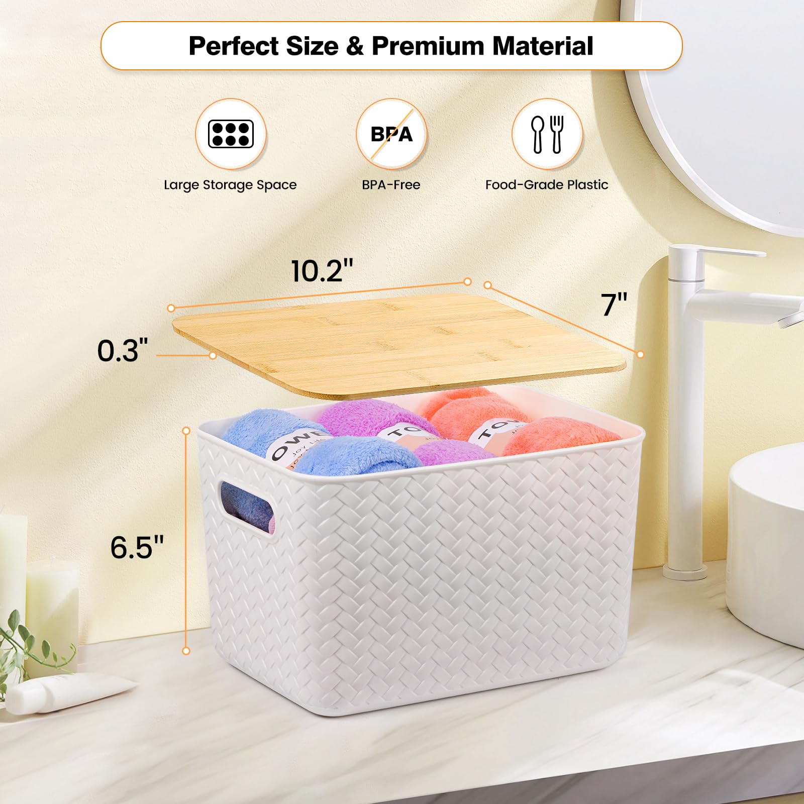 4 Packs Storage Bins With Bamboo Lids - Plastic Storage Containers With Lids Stackable Storage Box: Storage Baskets For Organizi