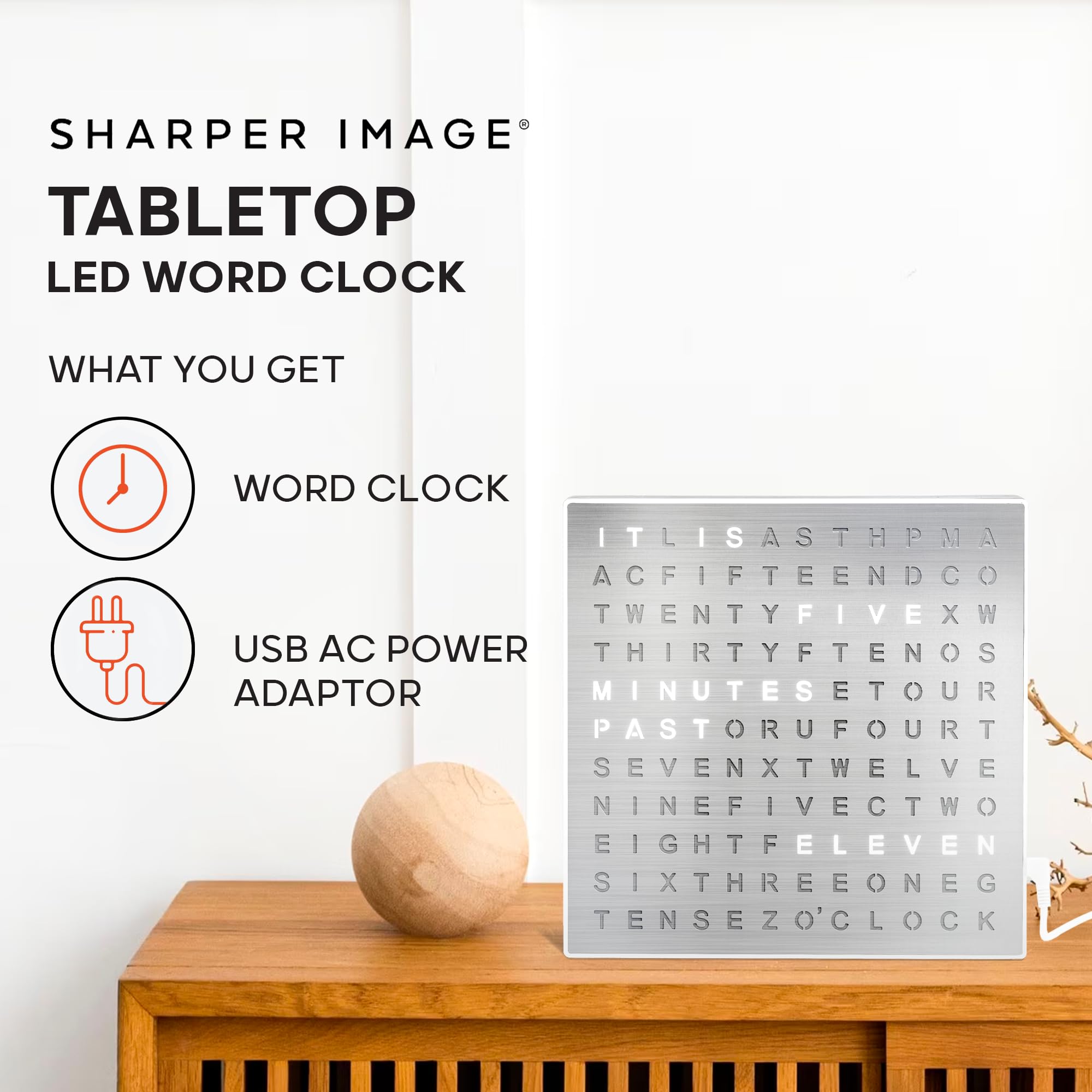 Sharper Image LED Word Clock - 7.75 Light-Up Digital Clock for Desk & Wall| Modern Time Display Accent Clock| Unique Home Office