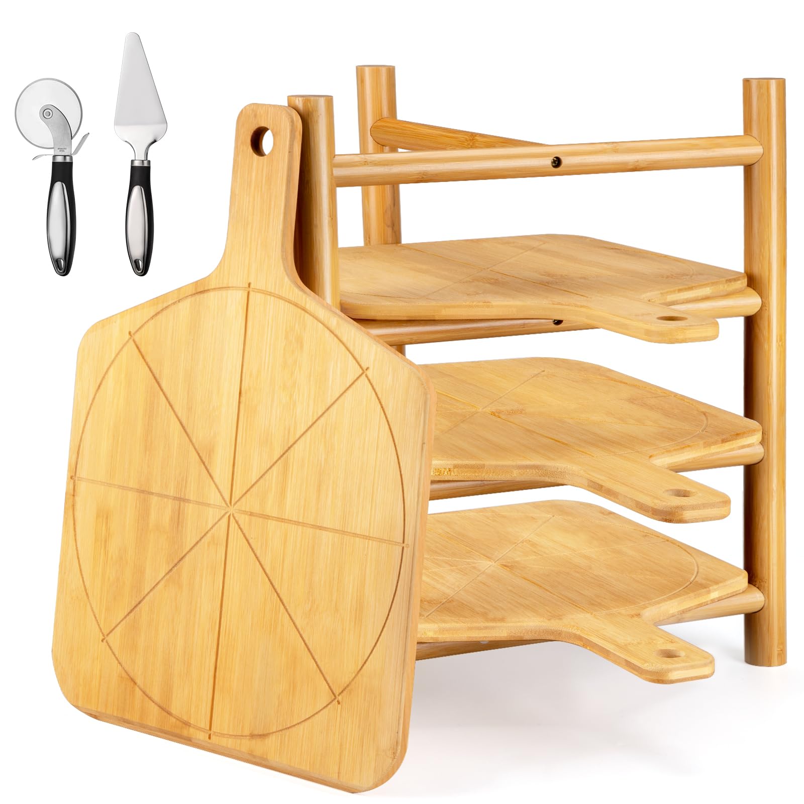 16.9 x 12 Inch 4 Pcs Pizza Peel Set with Stand, Smooth Pizza Paddle Cutting Board with 8 Slice Grooves, Serving Tray Includes St