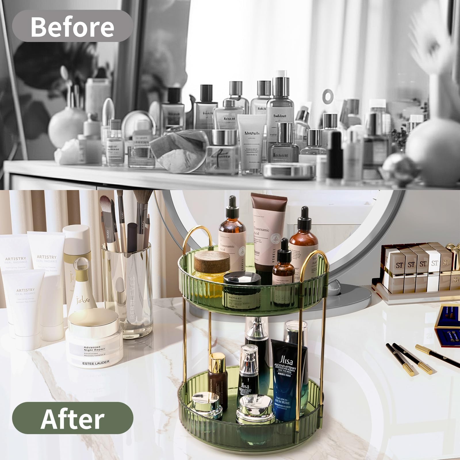 Asayuee 360 Rotating Makeup Organizer For Vanity,2 Tier Large Capacity Cosmetics Skincare Organizers,Bathroom Countertop Organiz
