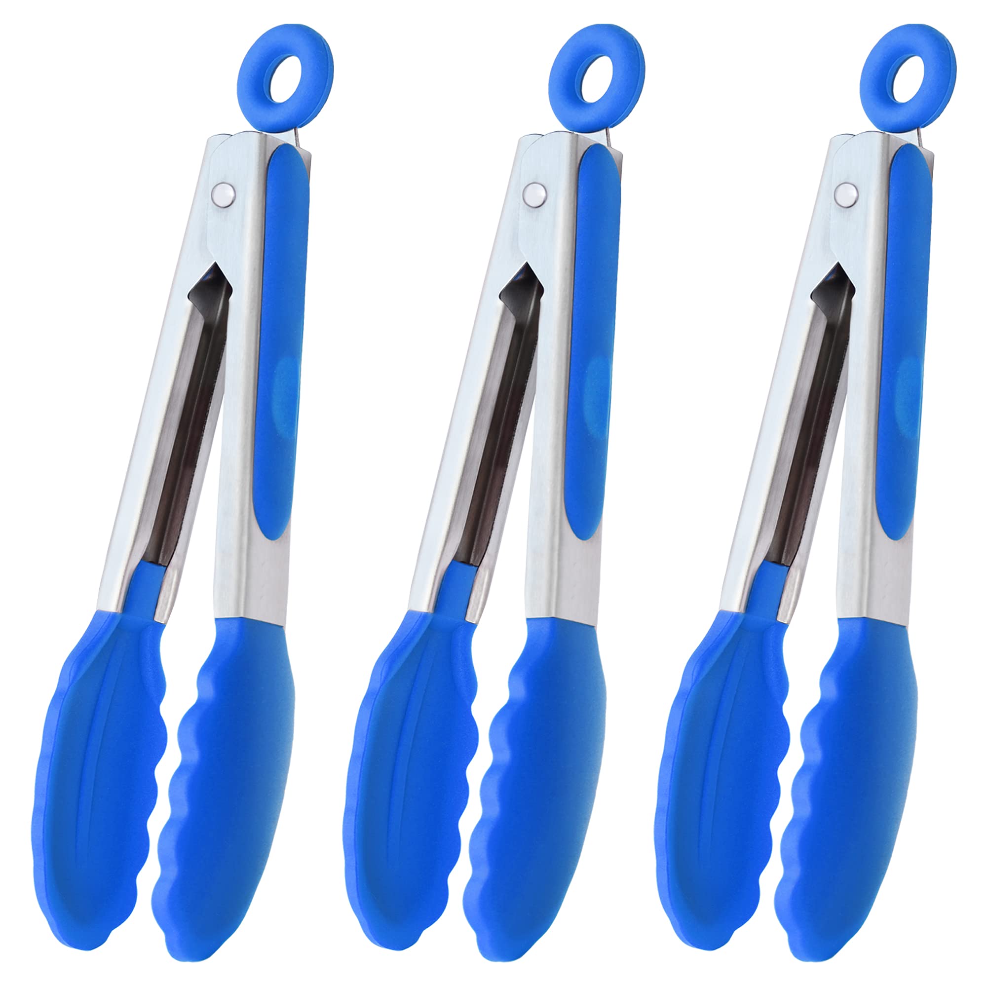 Hinmay Small Tongs With Silicone Tips 7-Inch Serving Tongs, Set Of 3 (Blue)