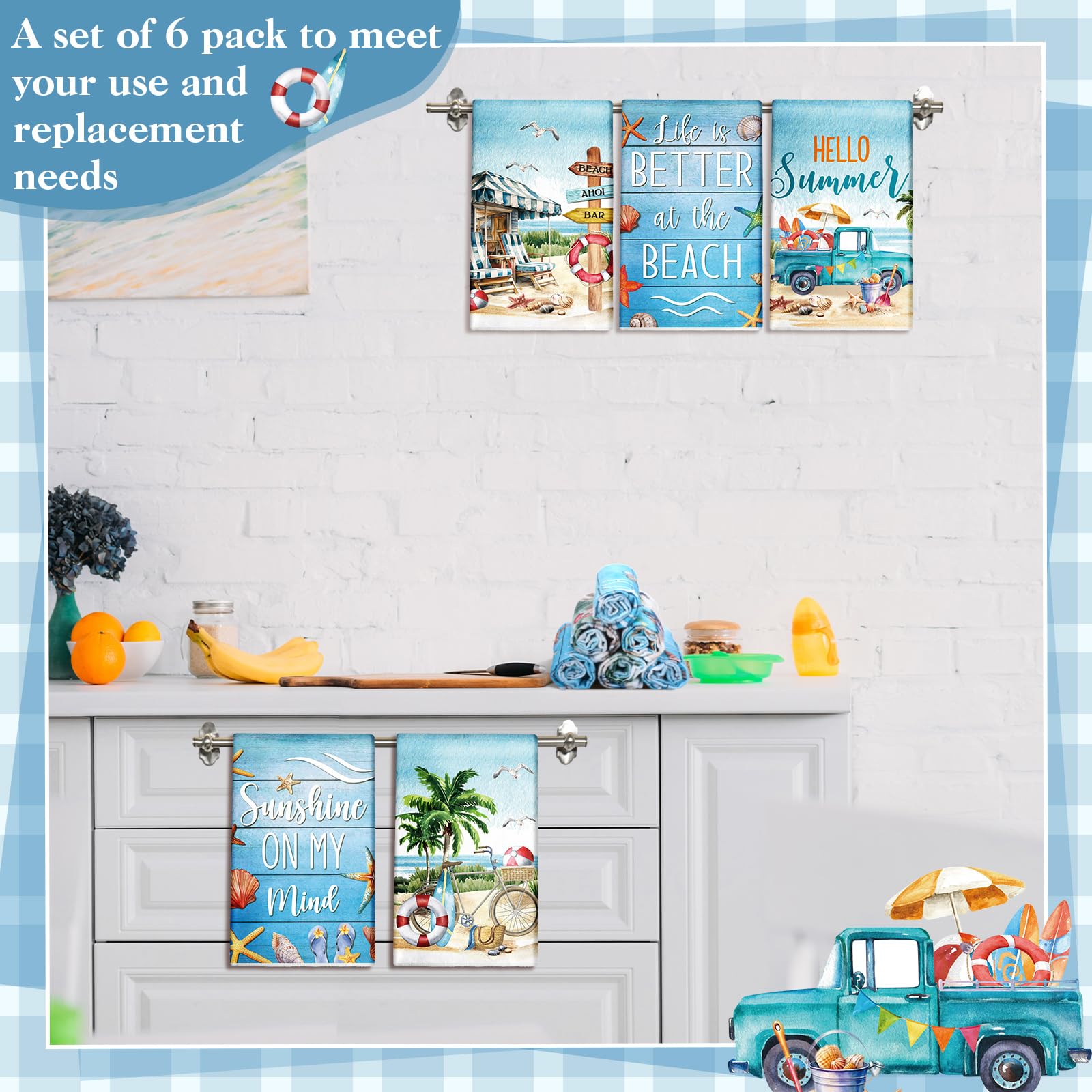 Tudomro 6 Pcs Summer Beach Kitchen Towels Beach Truck Shell Dish Towels Absorbent Soft Kitchen Fingertip Towels Blue Fresh Summe