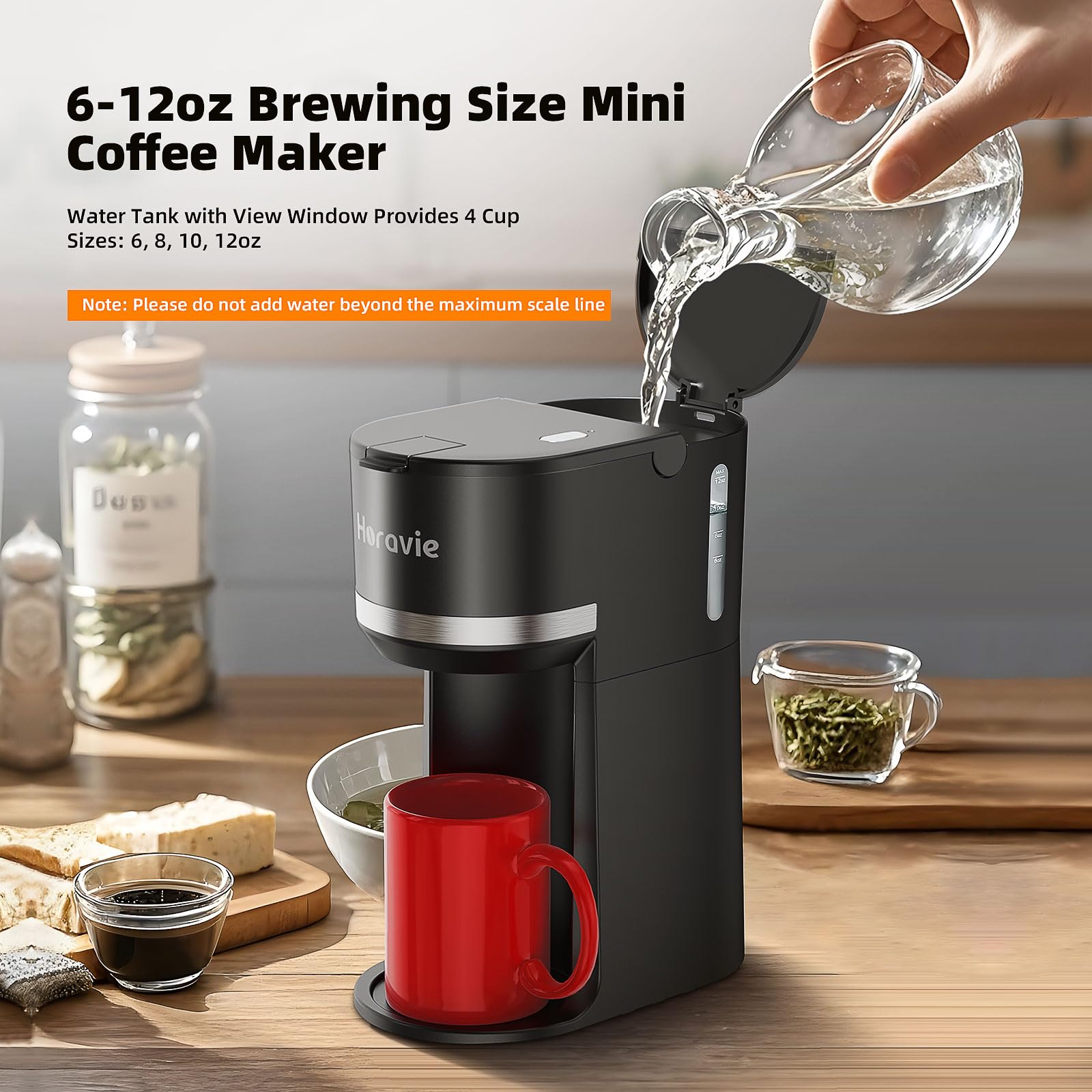 Horavie Mini Single Serve Coffee Maker, K1100, Fast Brew, 6-12 oz, Stainless Steel, Black, with Descaling Reminder and Water Window