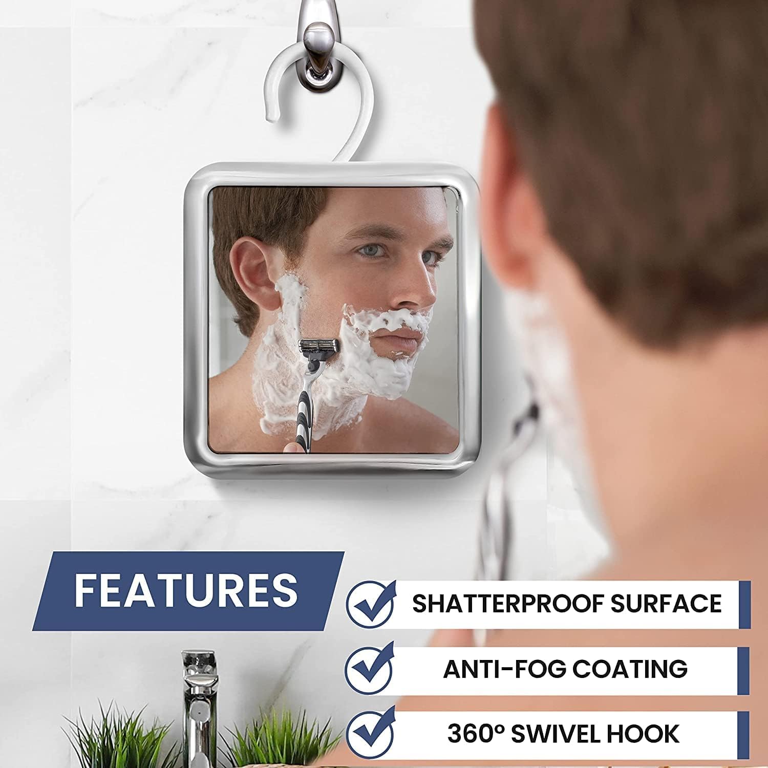 Mirrorvana Hanging Fogless Shower Mirror For Shaving With 360 Rotatable Swivel Hook - Anti Fog And Shatterproof 6.3'' X 6.3'' Su