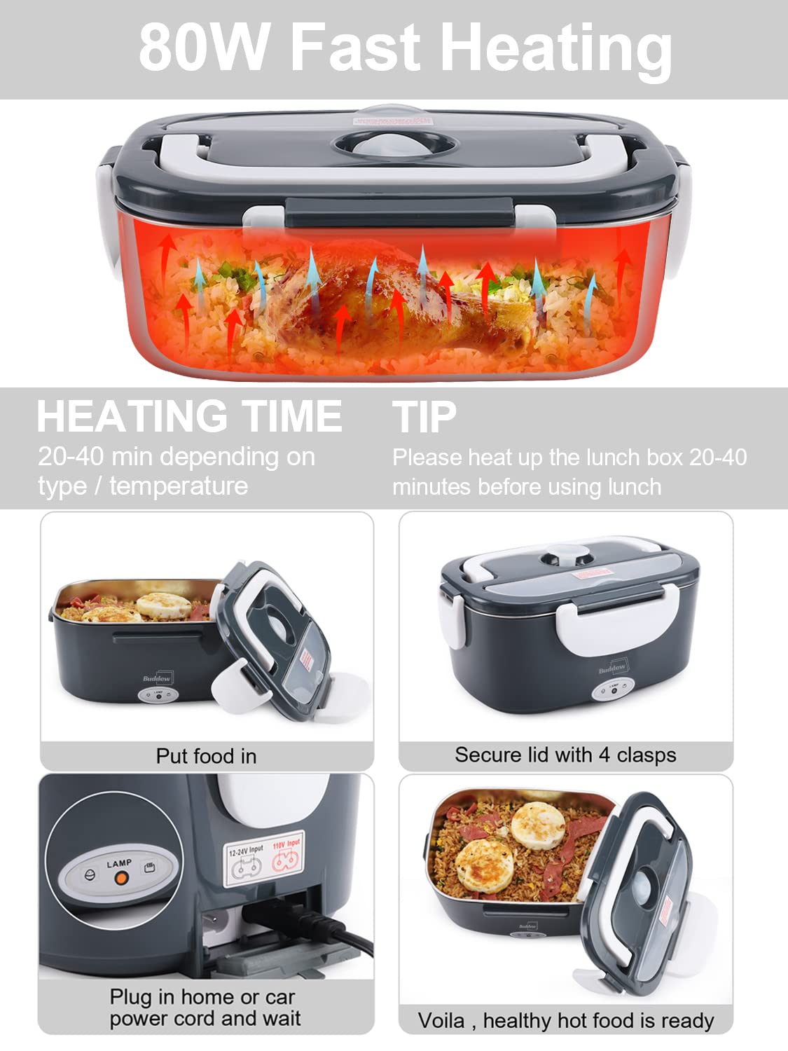 Buddew Electric Lunch Box 80W Food Heater For Adults, 12/24/110V Portable Lunch Warmer Upgraded Heated Lunch Box For Car/Truck/O