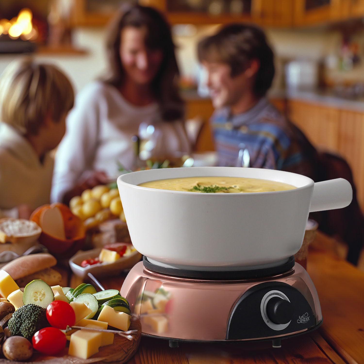 Artestia 2-QT Electric Fondue Pot for Meat  1500W Ceramic Chocolate Melting Pot with Adjustable Temperature  6 Fondue Forks  White Ceramic Pot with Rose-Gold Base