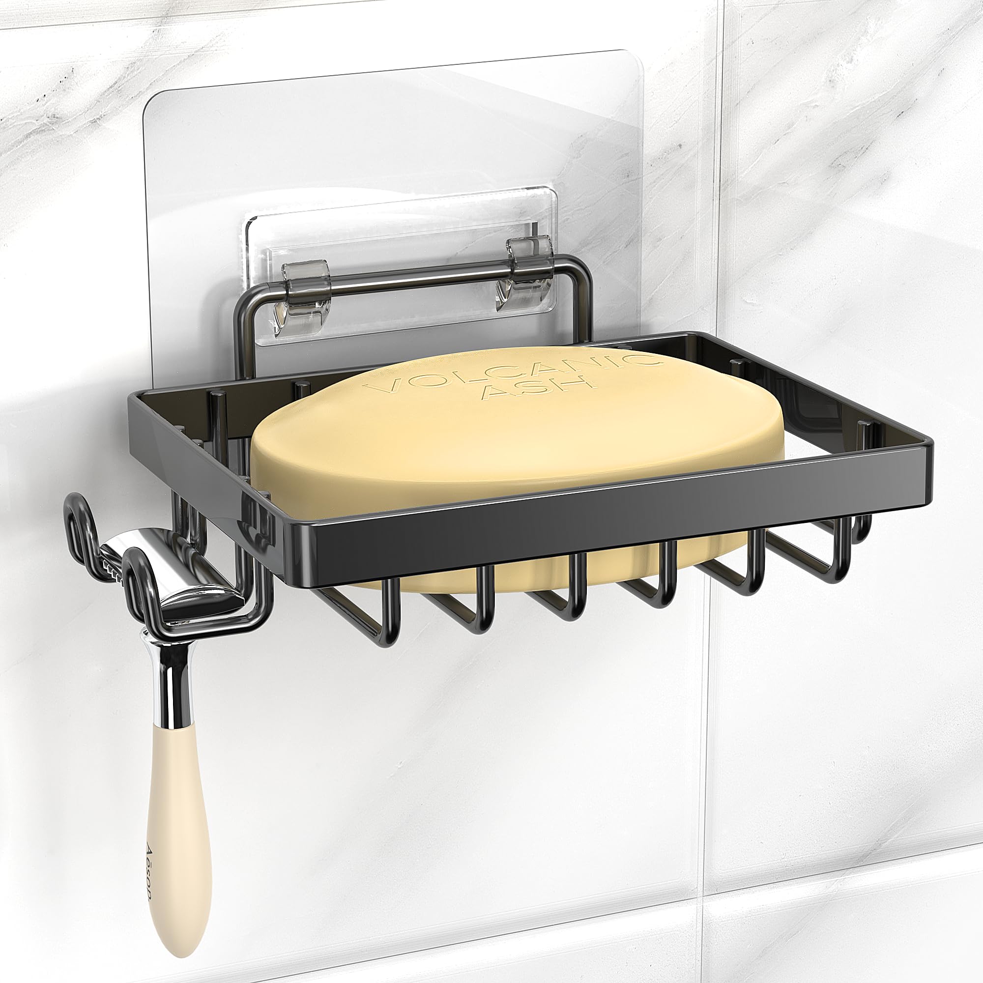 Moforoco Soap Dish, Soap Bar Holder For Shower, No Drilling Bathroom Accessories, Wall Mounted Soap Holder With Hooks And Razor