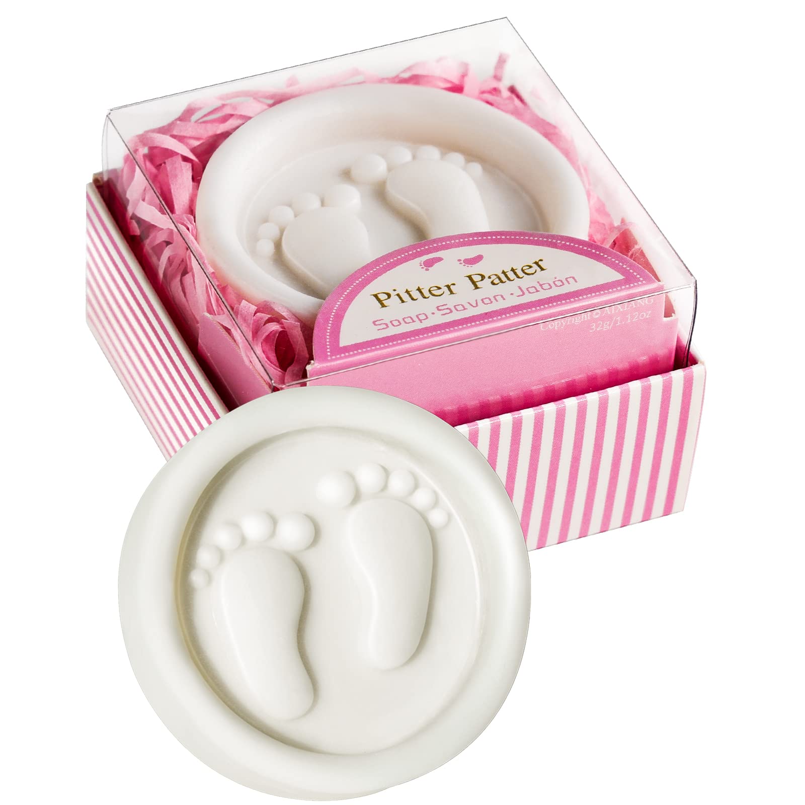 Aixiang 24 Pack Baby Shower Favors Soaps Handmade Pink Pitter Patter Gift Boxed Baby-Feet Scented Soap Favors For Baby Girl Baby